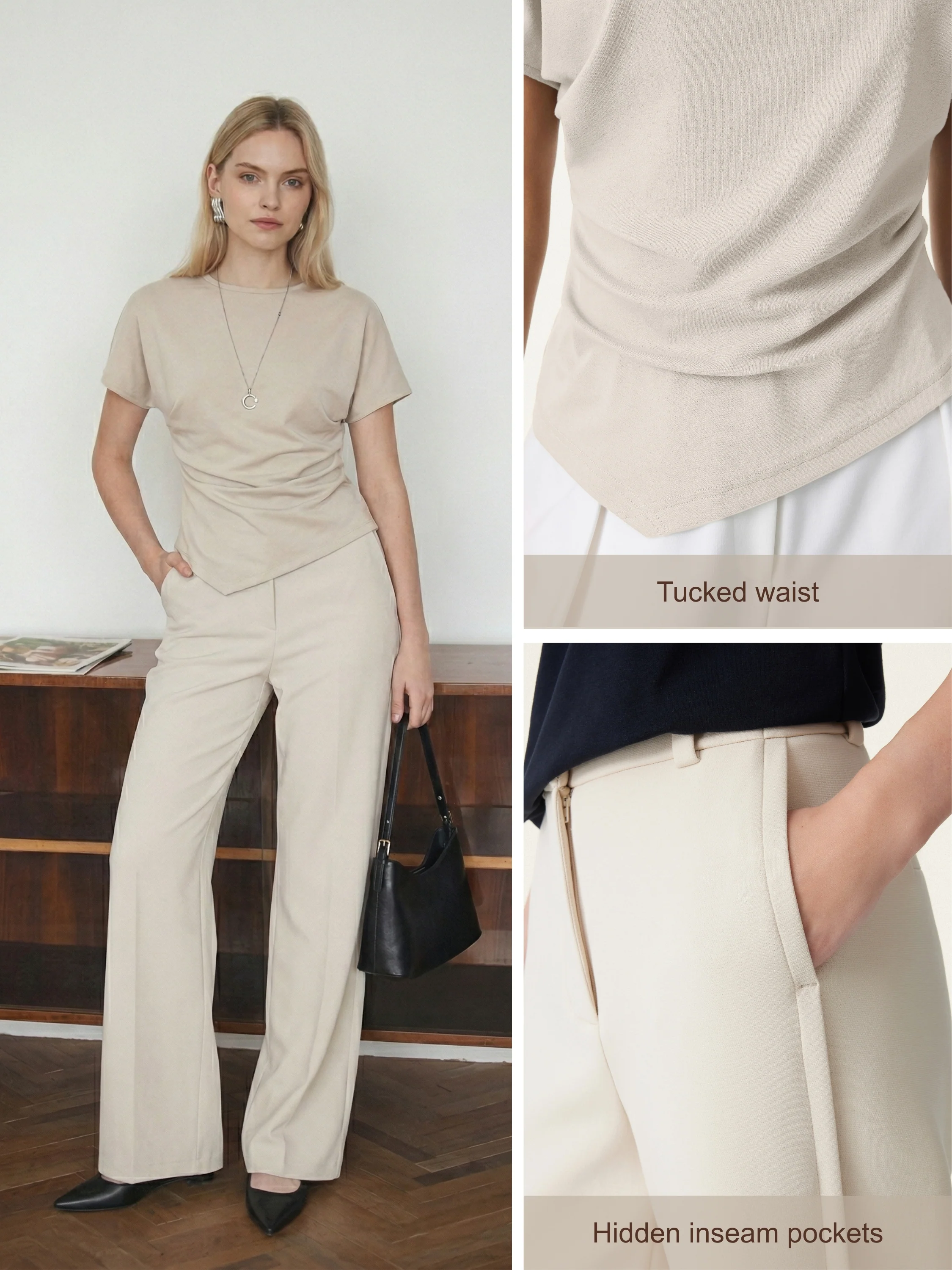 2Pcs Set Boatneck Angled Tee & Mid Rise Wide Leg Trousers - Image 9