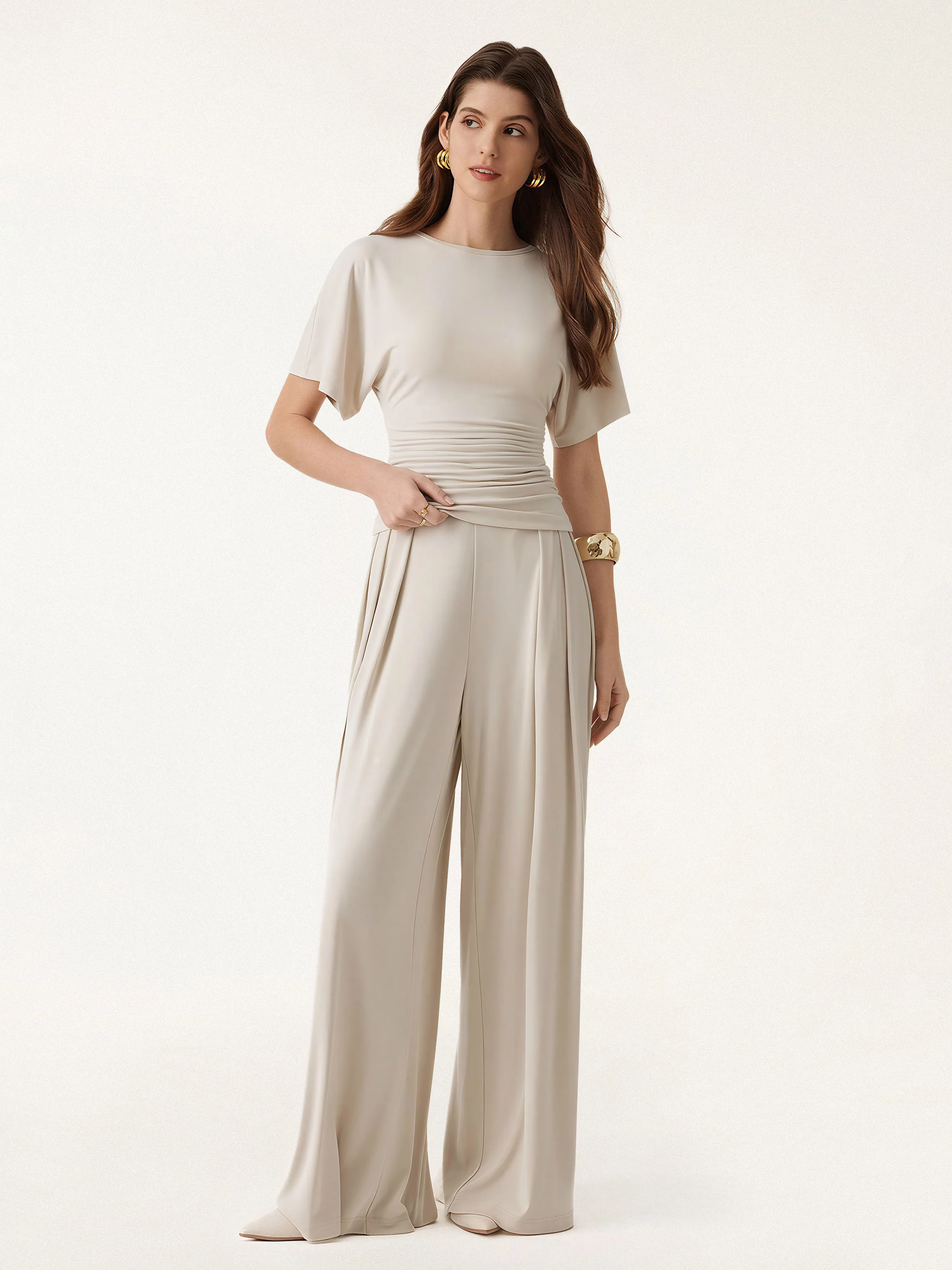 2Pcs Set Boatneck Batwing Sleeve Top & Wide Leg Palazzo Pant with Pockets