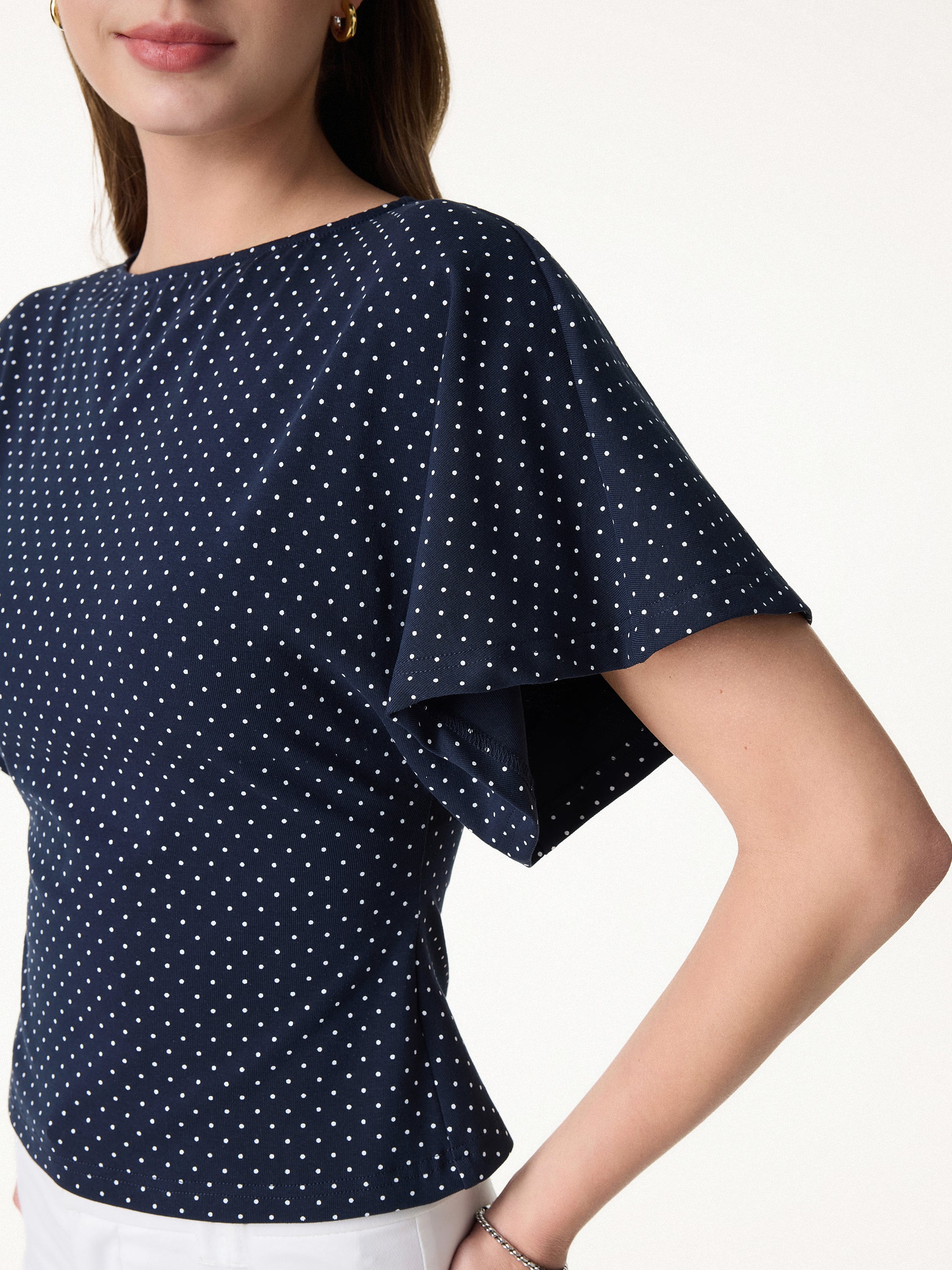 Soft Stretch Cotton Boatneck Flutter Sleeves Polka Dot Top Limited Edition - Image 5
