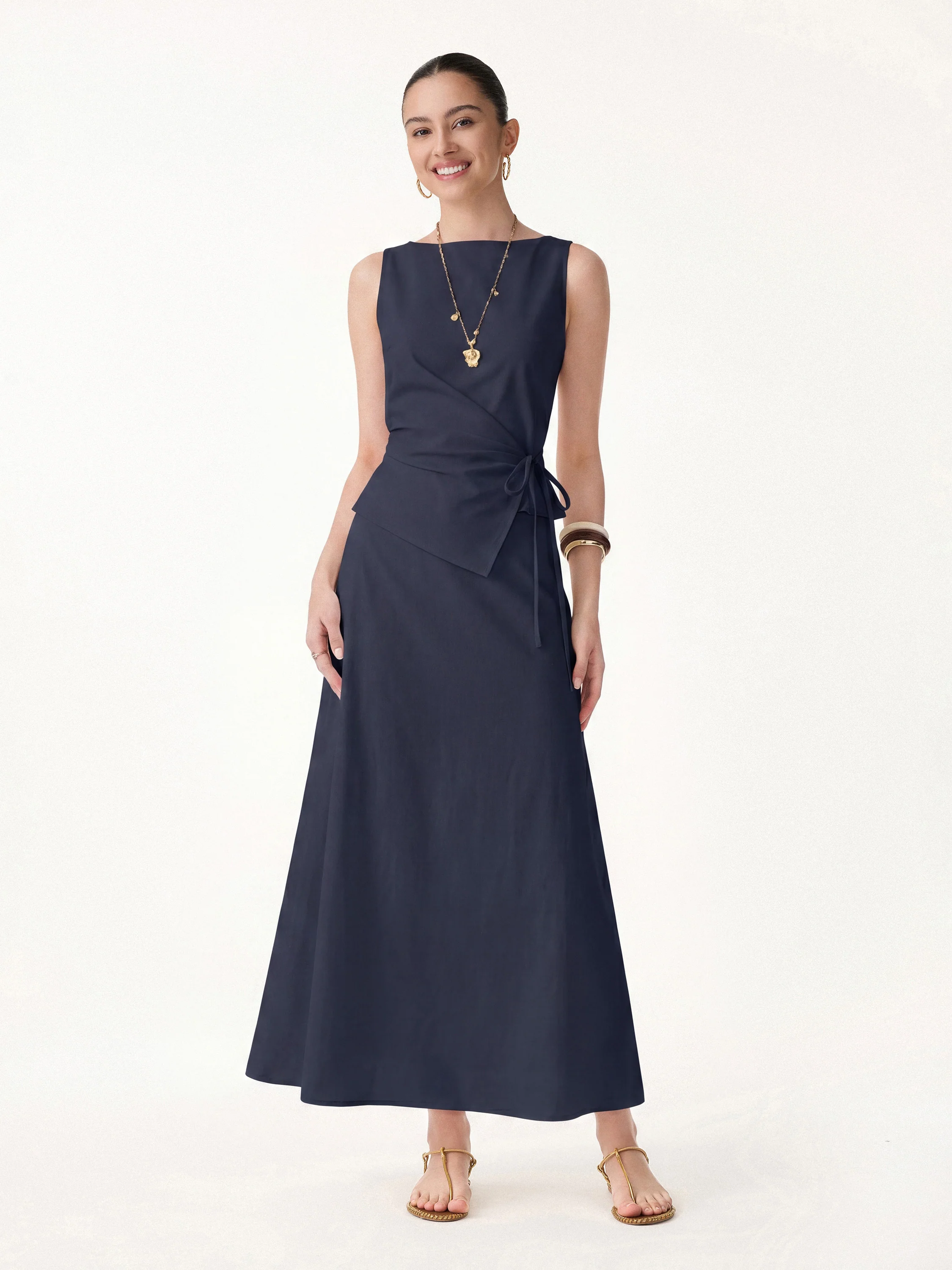 2Pcs Set Boatneck Waist-Defined Top & Maxi Flared Pull-On Skirt - Image 12