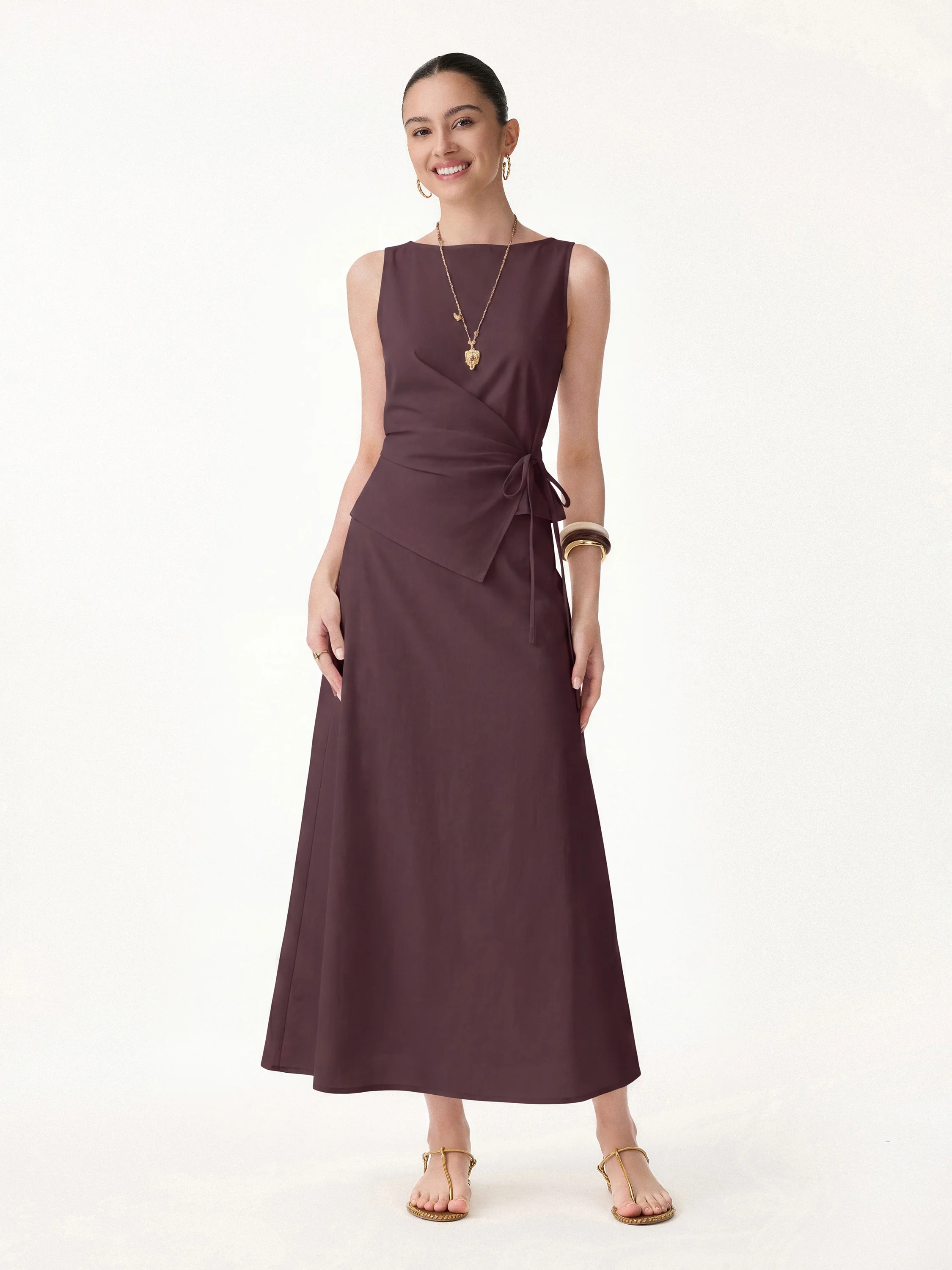 2Pcs Set Boatneck Waist-Defined Top & Maxi Flared Pull-On Skirt - Image 14