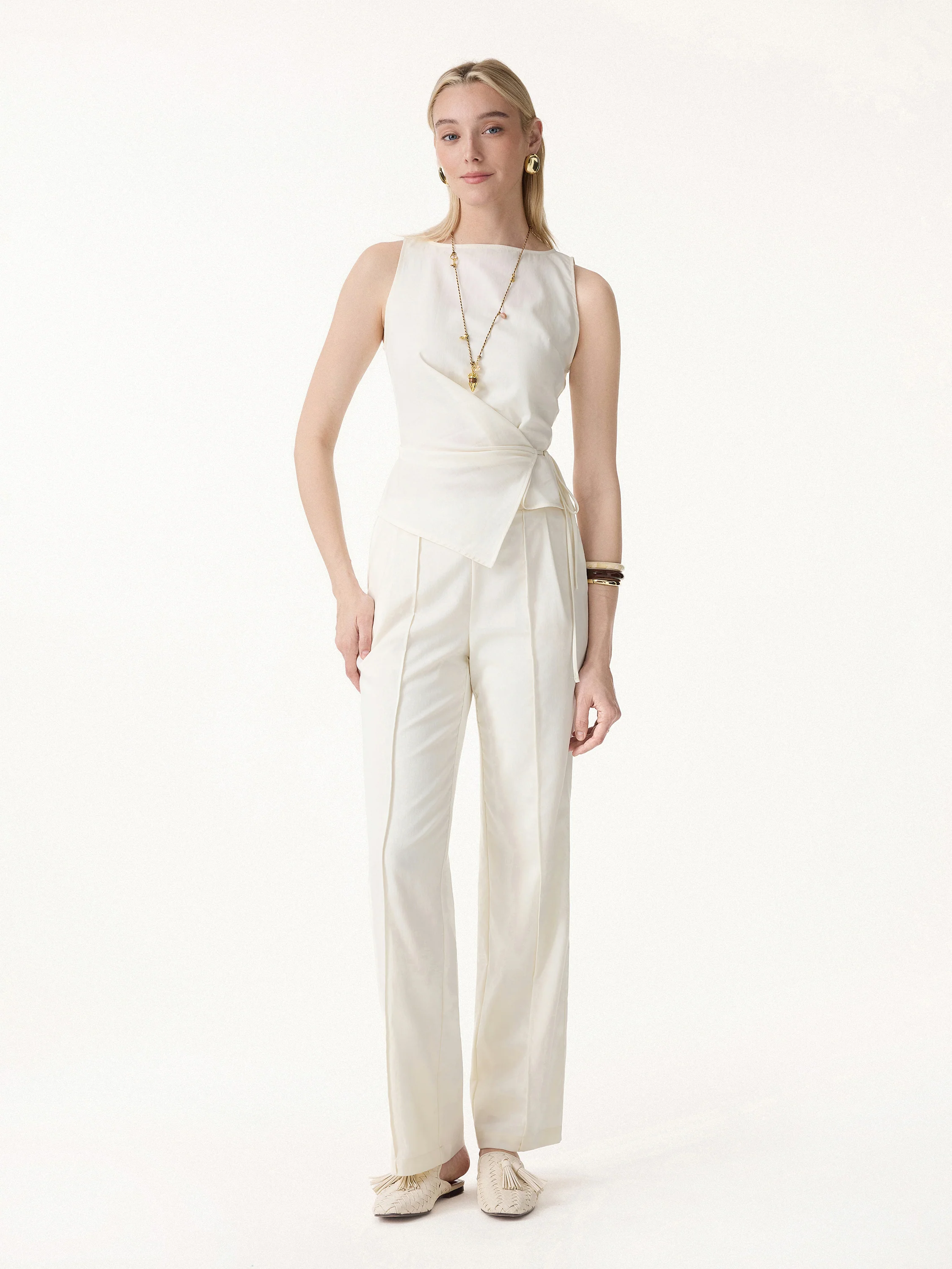 2Pcs Set Boatneck Waist-Defined Top & Pintuck Wide Leg Pant