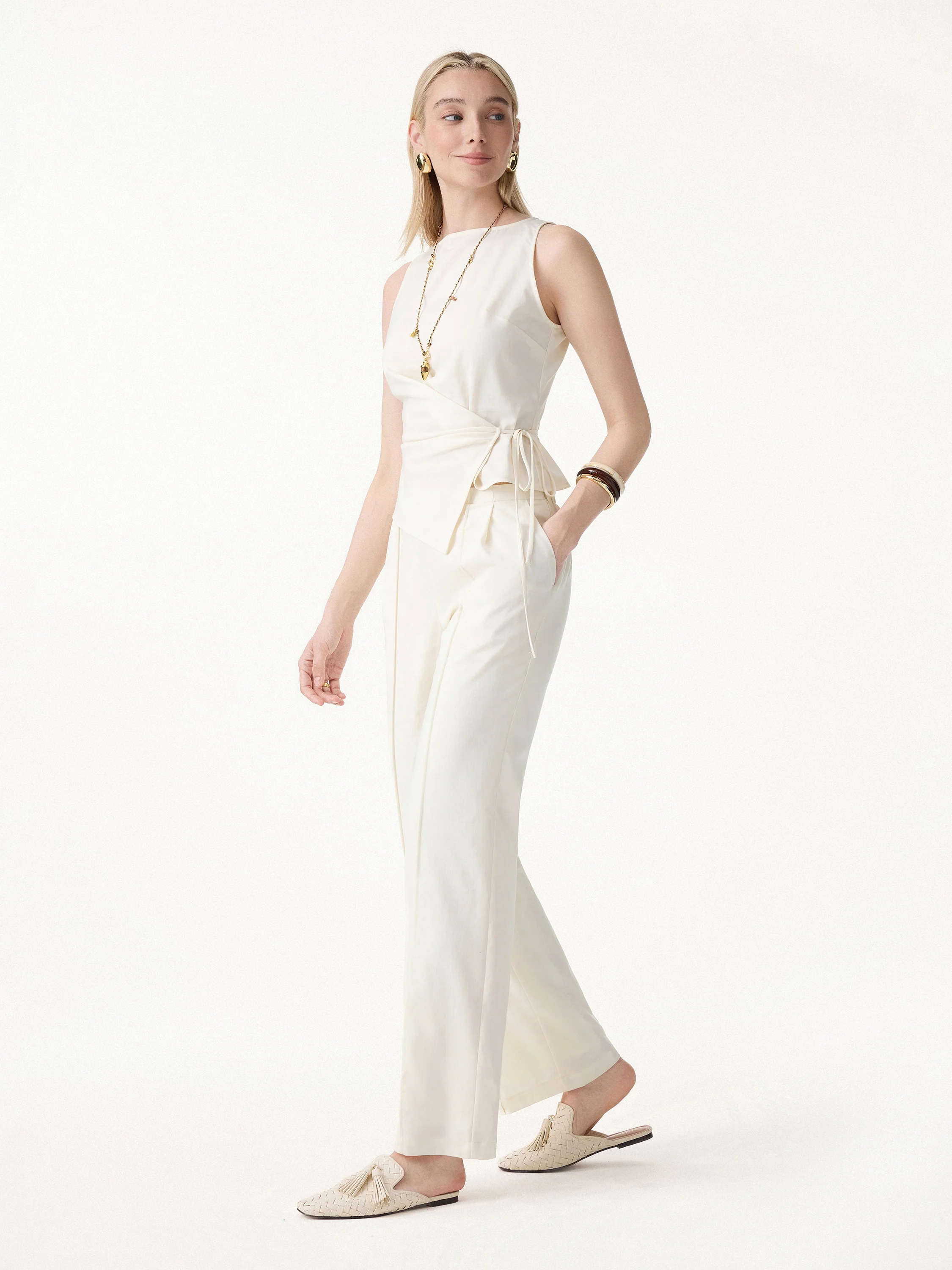 2Pcs Set Boatneck Waist-Defined Top & Pintuck Wide Leg Pant - Image 3