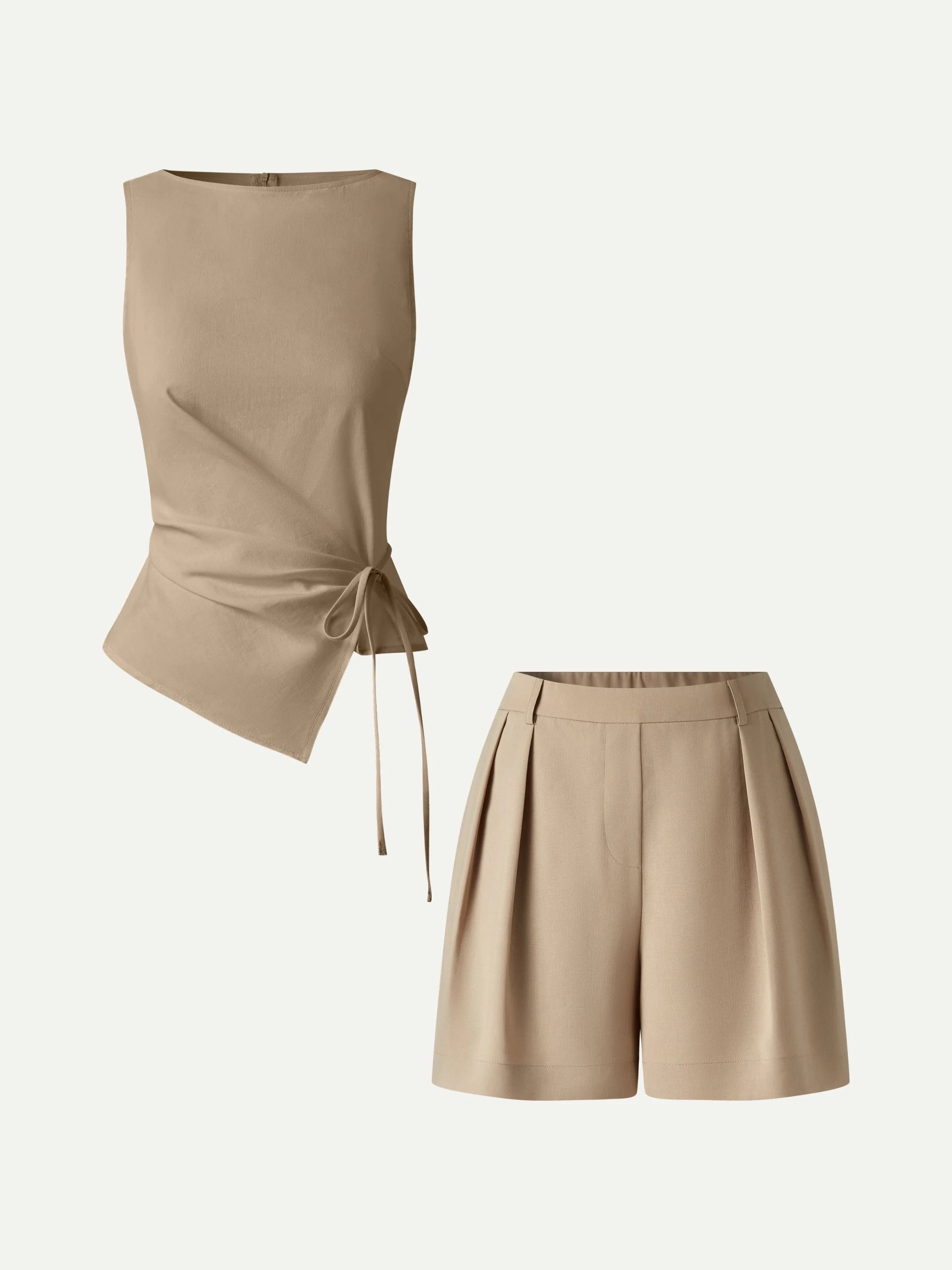 2Pcs Set Boatneck Waist-Defined Top & Tailored Shorts with Pockets - Image 10