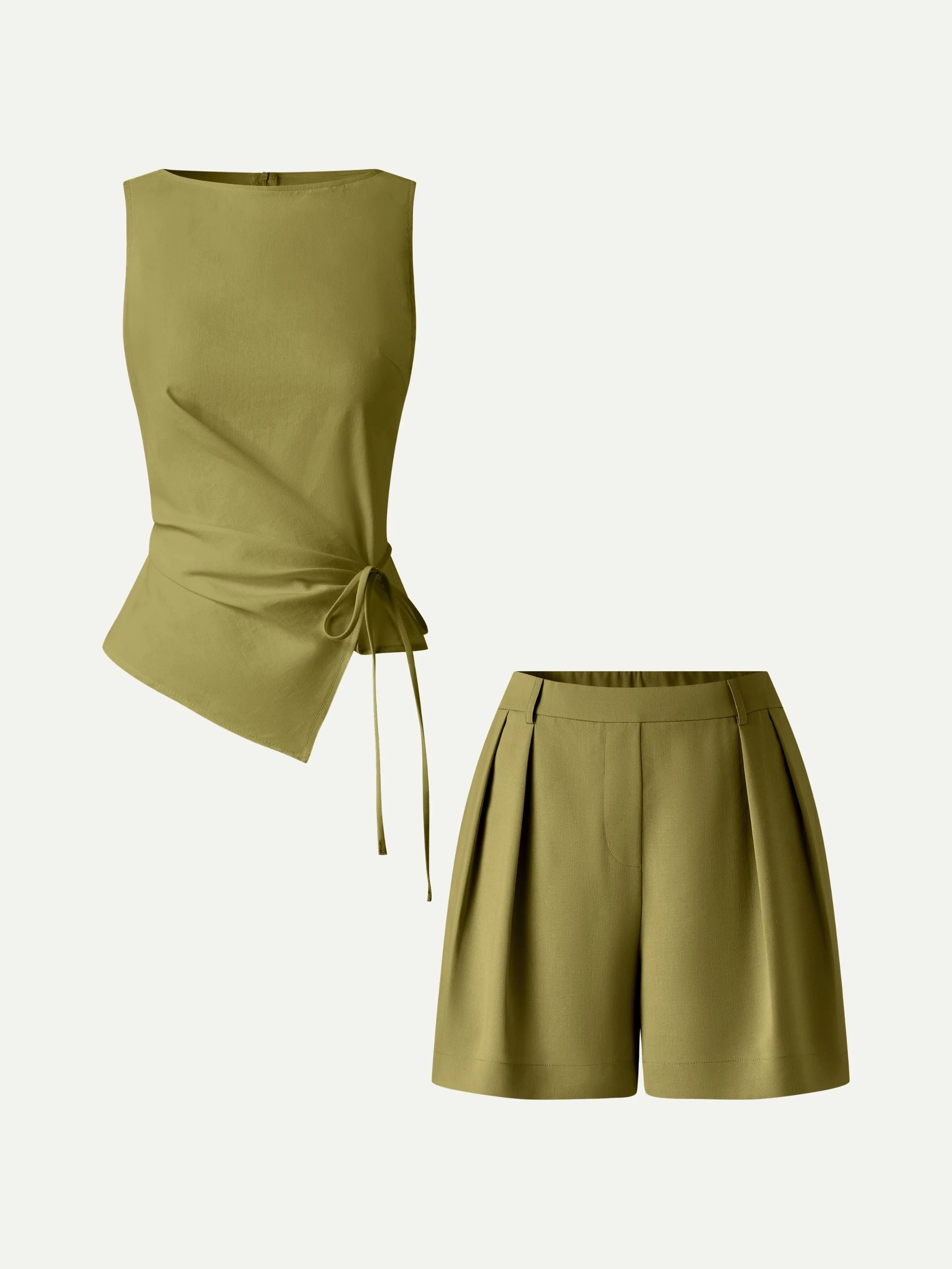 2Pcs Set Boatneck Waist-Defined Top & Tailored Shorts with Pockets - Image 11