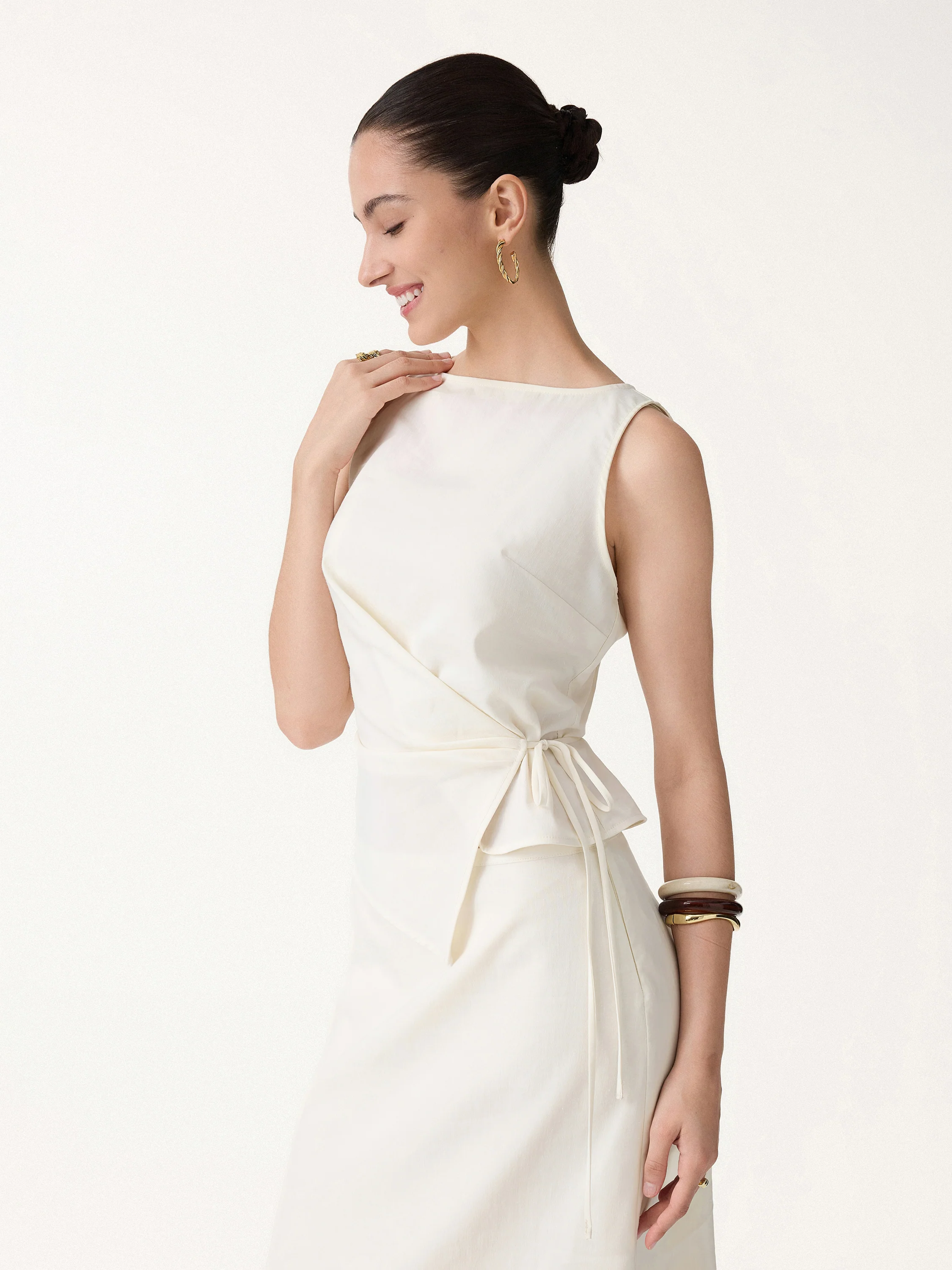 Lyocell-Linen Blend Boatneck Waist-Defined Top - Image 3