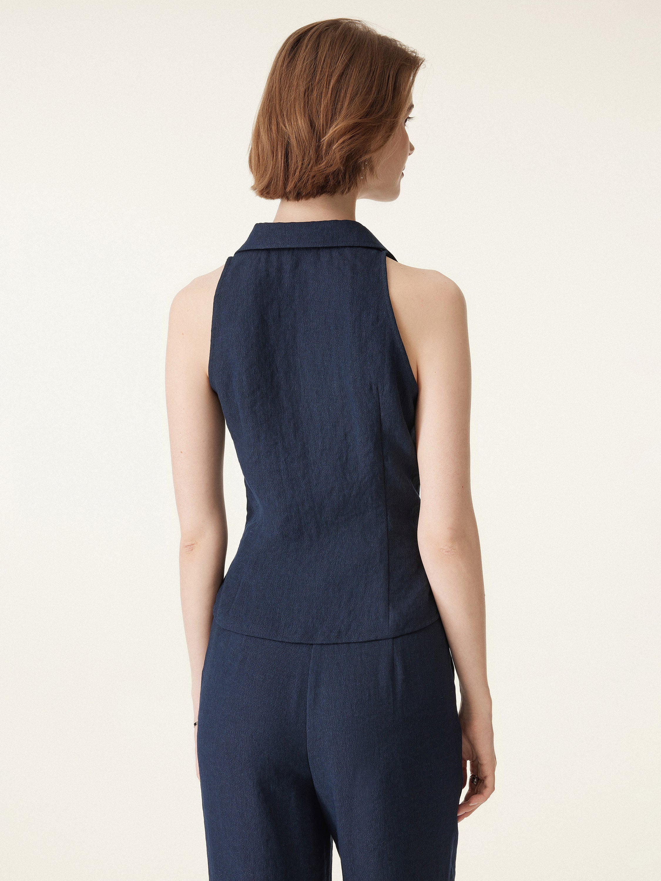 Collared V-neck Pleated Sleeveless Top with Drawstring - Image 4