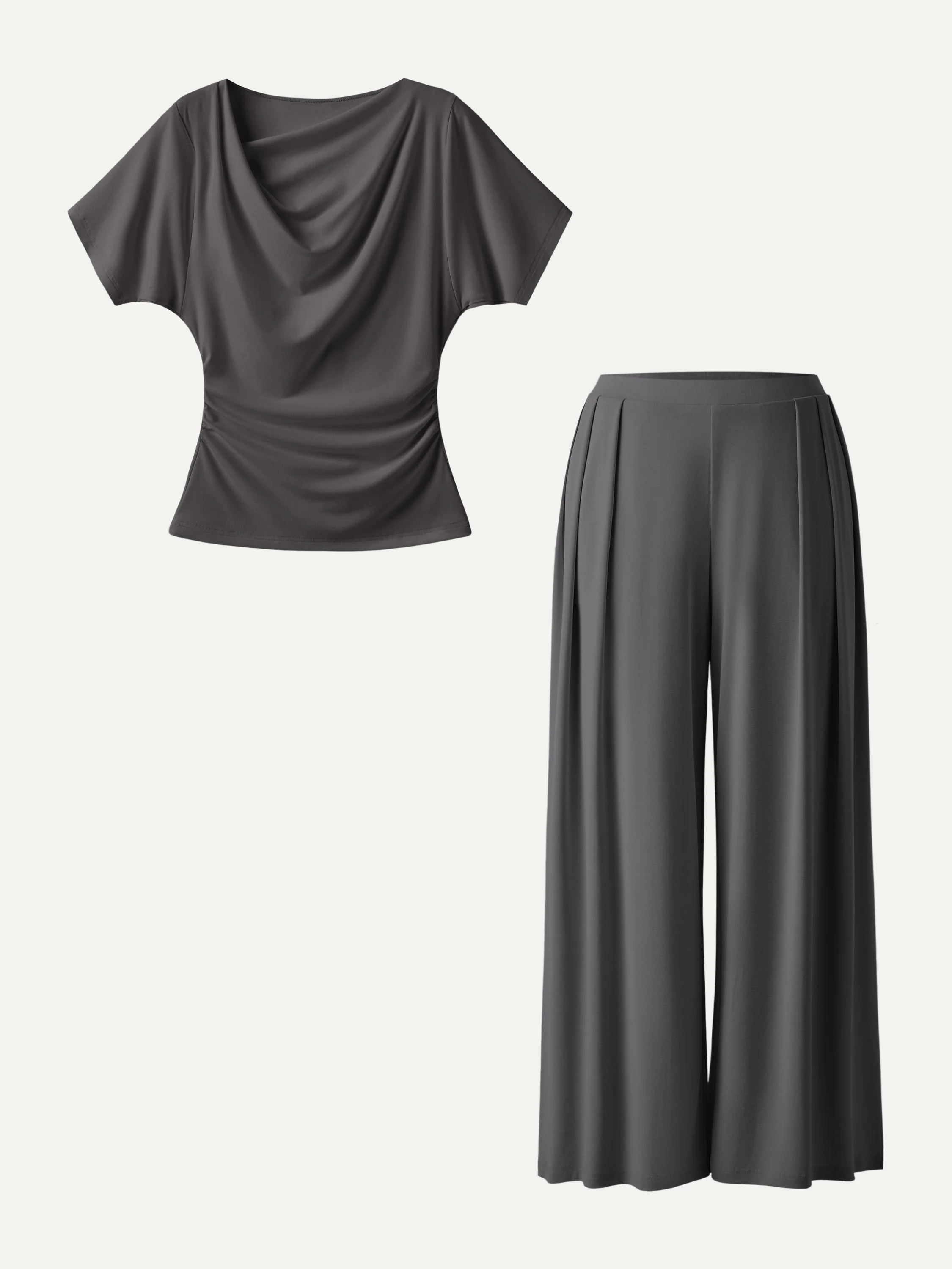 2Pcs Set Cowl Neck Ruched Top & Wide Leg Palazzo Pant with Pockets - Image 12