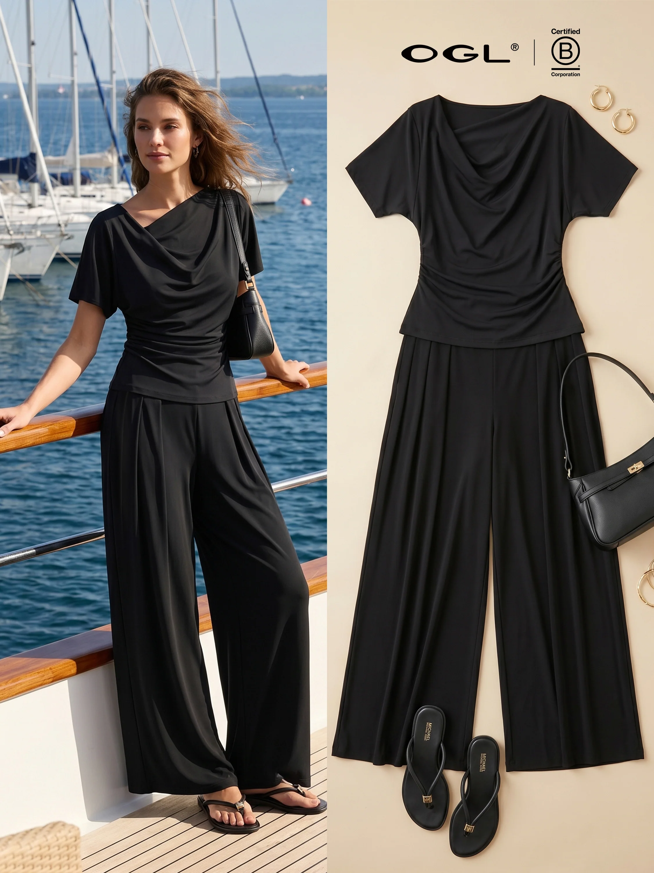 2Pcs Set Cowl Neck Ruched Top & Wide Leg Palazzo Pant with Pockets - Image 13