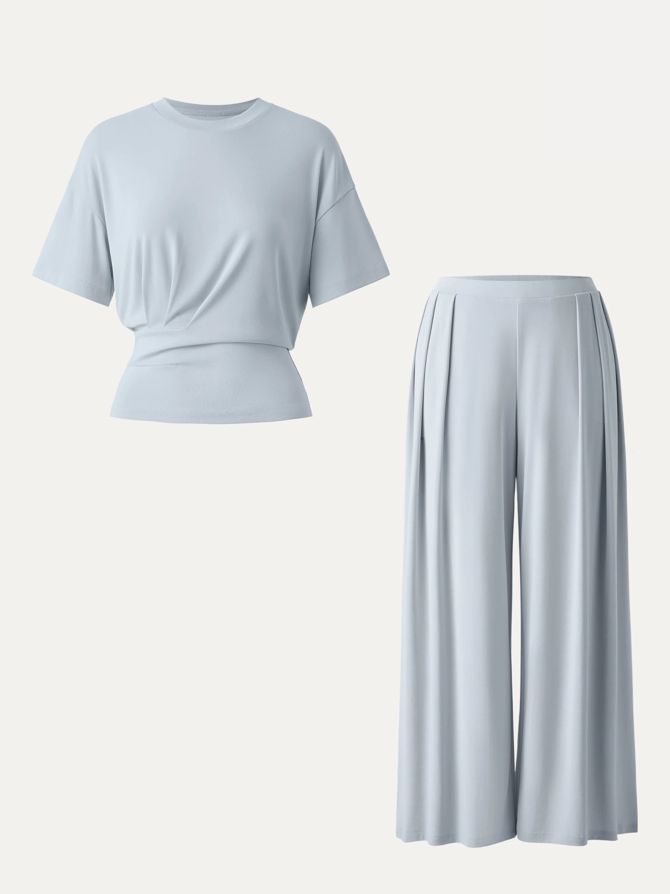 2Pcs Set Crewneck Short Sleeve Tee & Mid Rise Pleated Wide Leg Pant with Pockets - Image 10