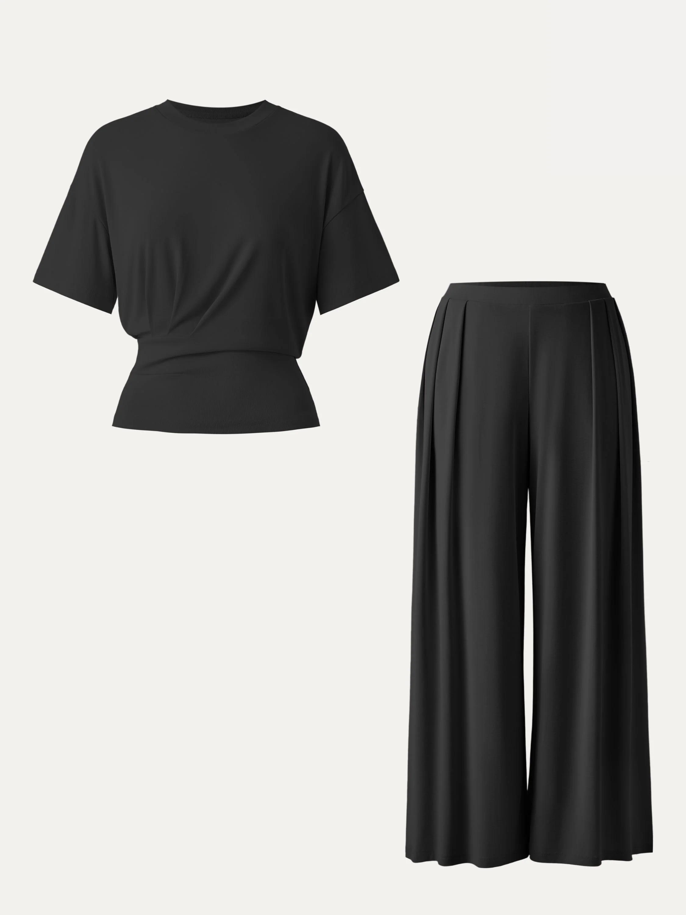 2Pcs Set Crewneck Short Sleeve Tee & Mid Rise Pleated Wide Leg Pant with Pockets - Image 11