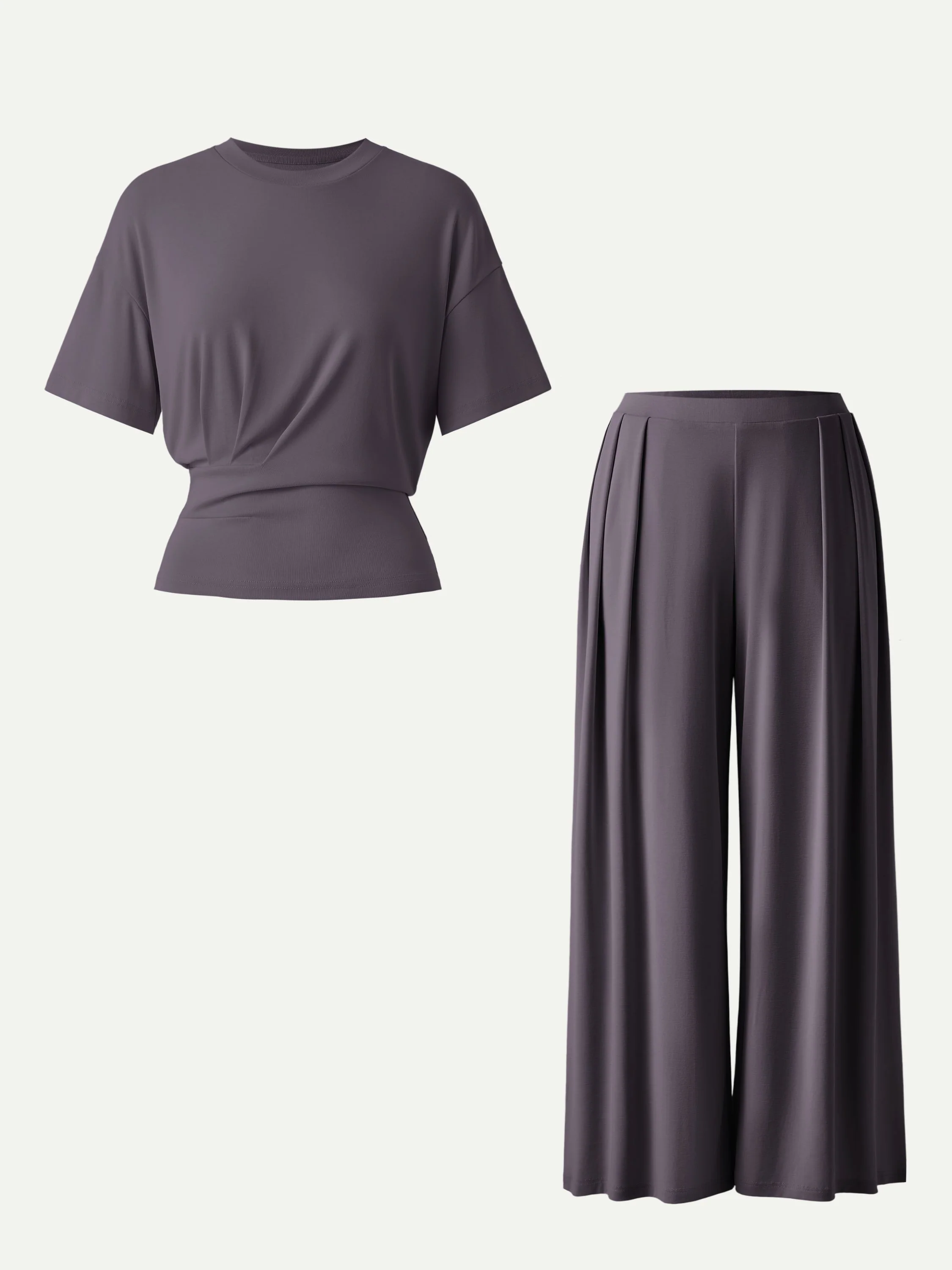 2Pcs Set Crewneck Short Sleeve Tee & Mid Rise Pleated Wide Leg Pant with Pockets - Image 8