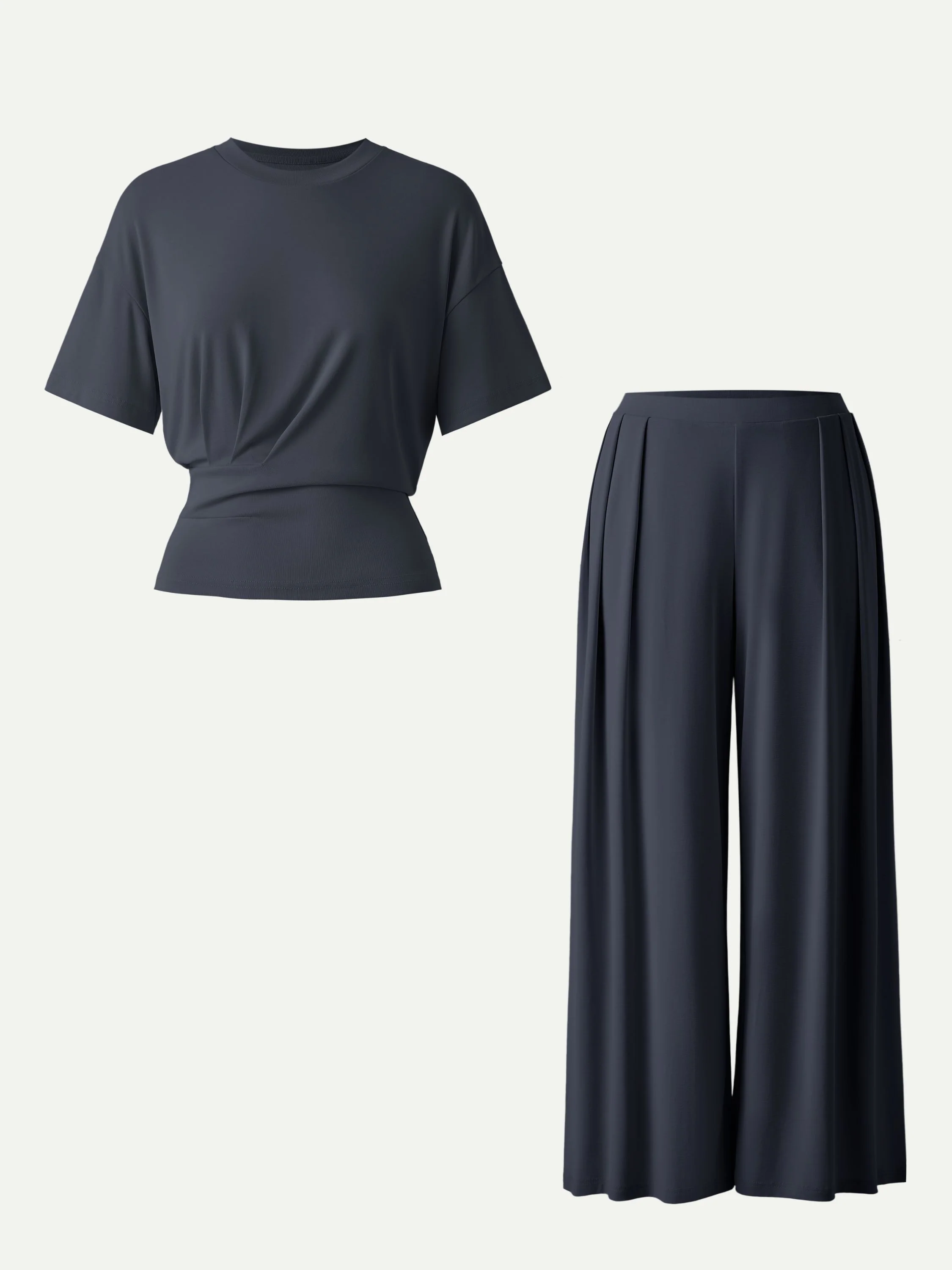 2Pcs Set Crewneck Short Sleeve Tee & Mid Rise Pleated Wide Leg Pant with Pockets - Image 9