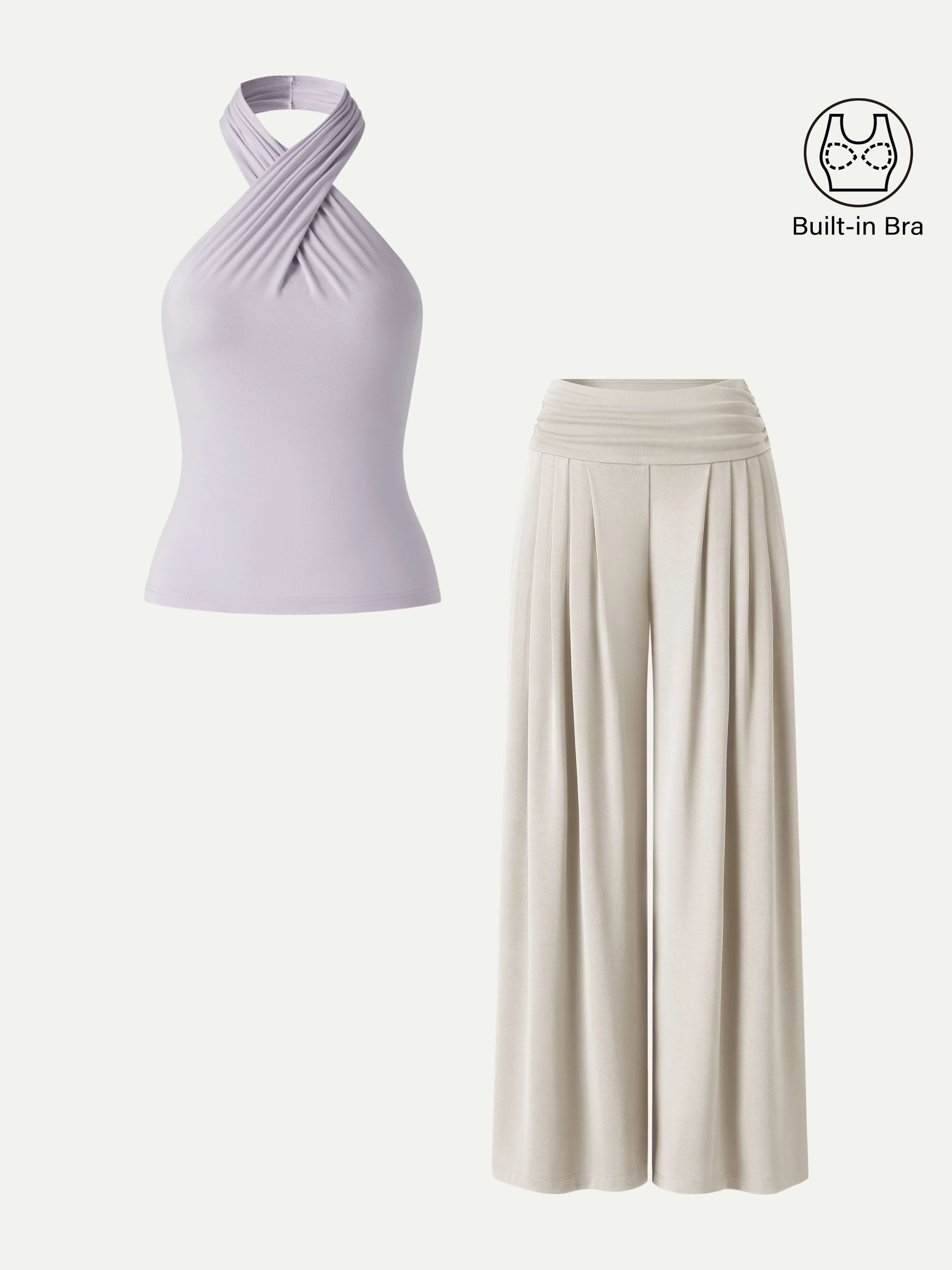 2Pcs Set Criss Cross Bra Top & Tucked Palazzo Pants with Pockets - Image 10
