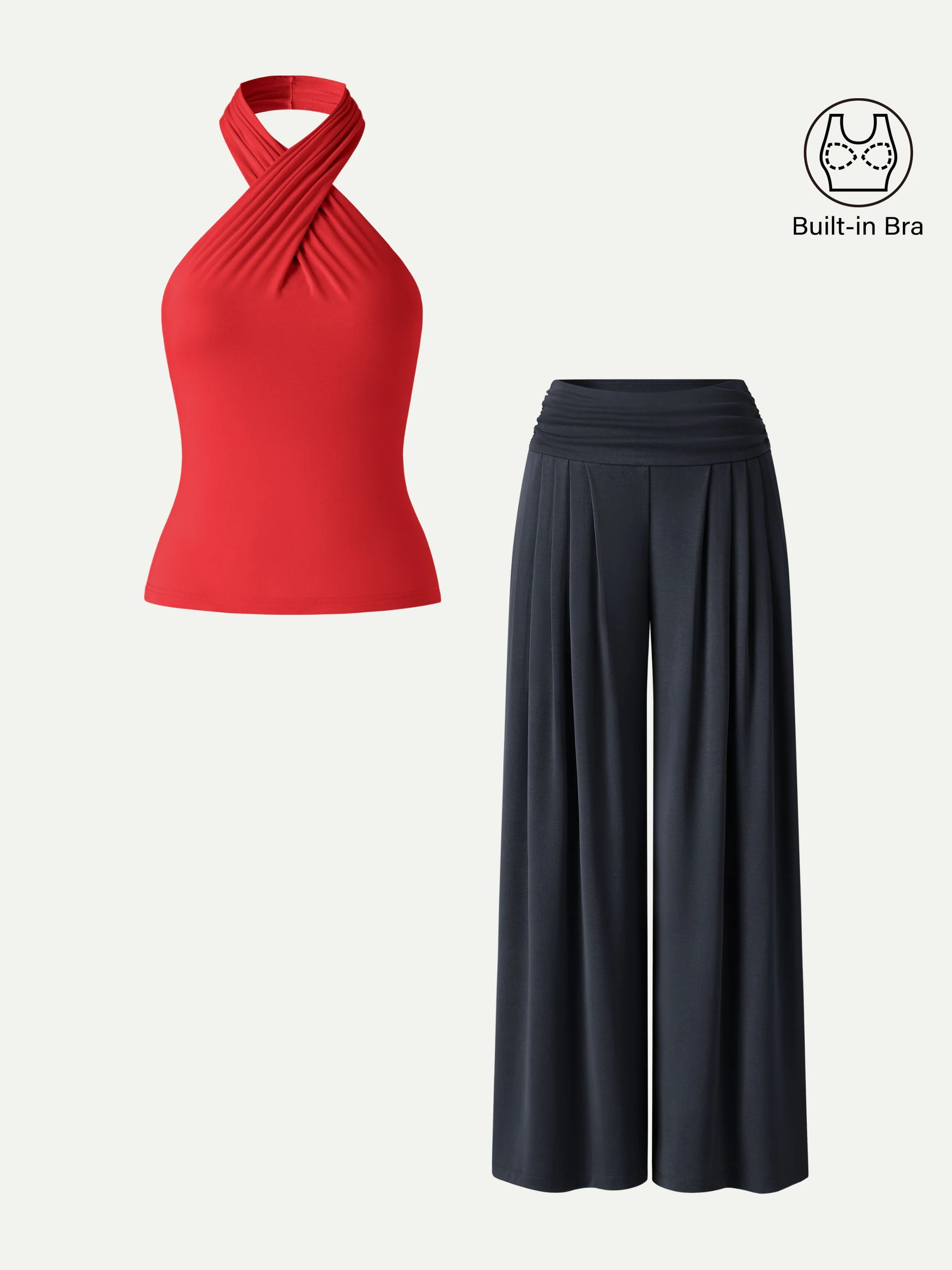 2Pcs Set Criss Cross Bra Top & Tucked Palazzo Pants with Pockets - Image 11