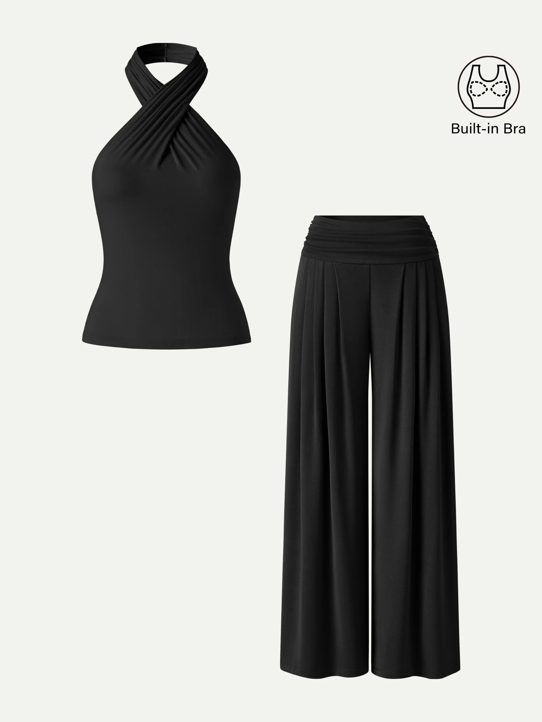 2Pcs Set Criss Cross Bra Top & Tucked Palazzo Pants with Pockets - Image 12