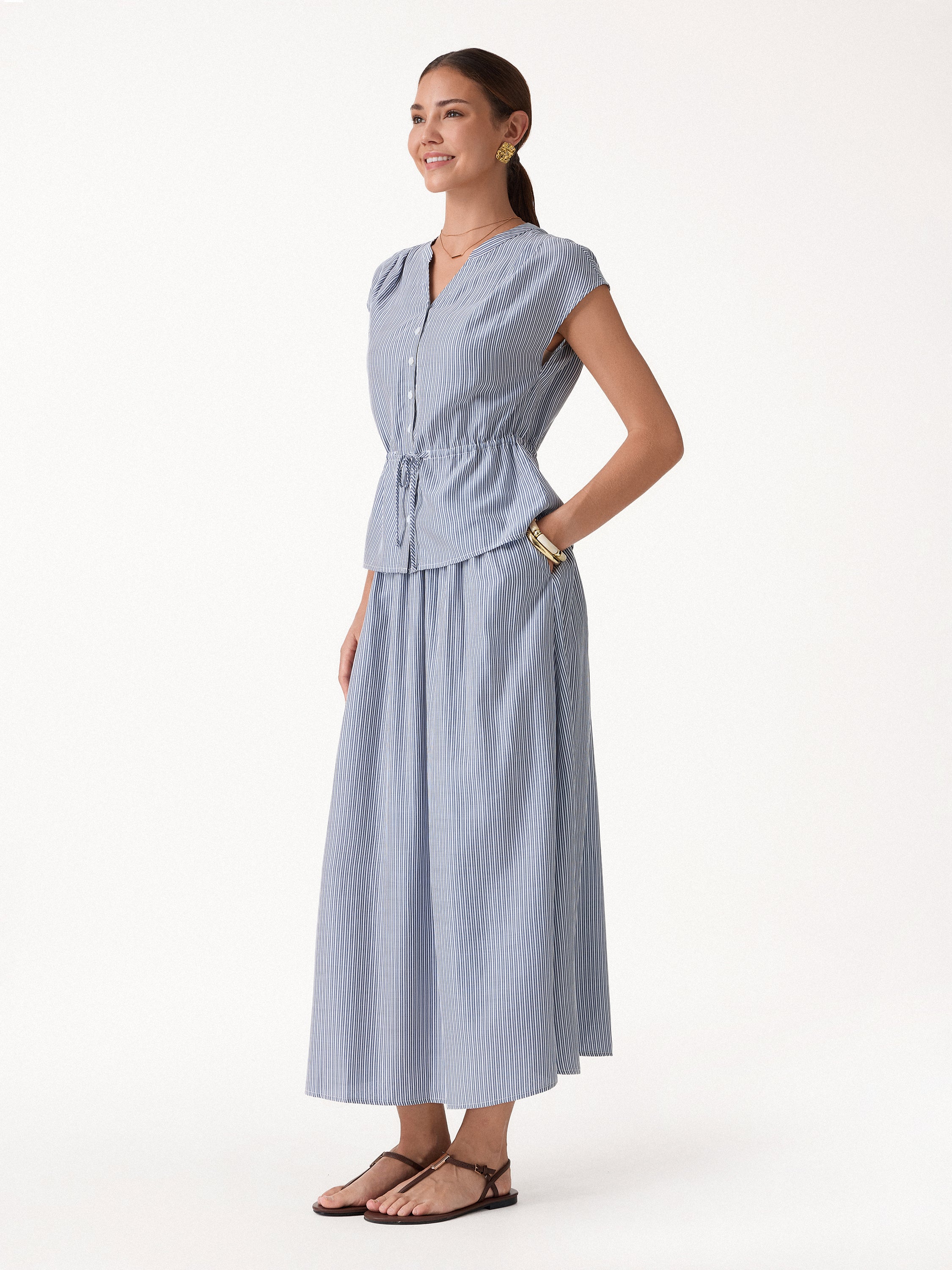 2Pcs Set Drawstring Waist Poplin Shirt & High Rise Midi Skirt with Pockets - Image 3