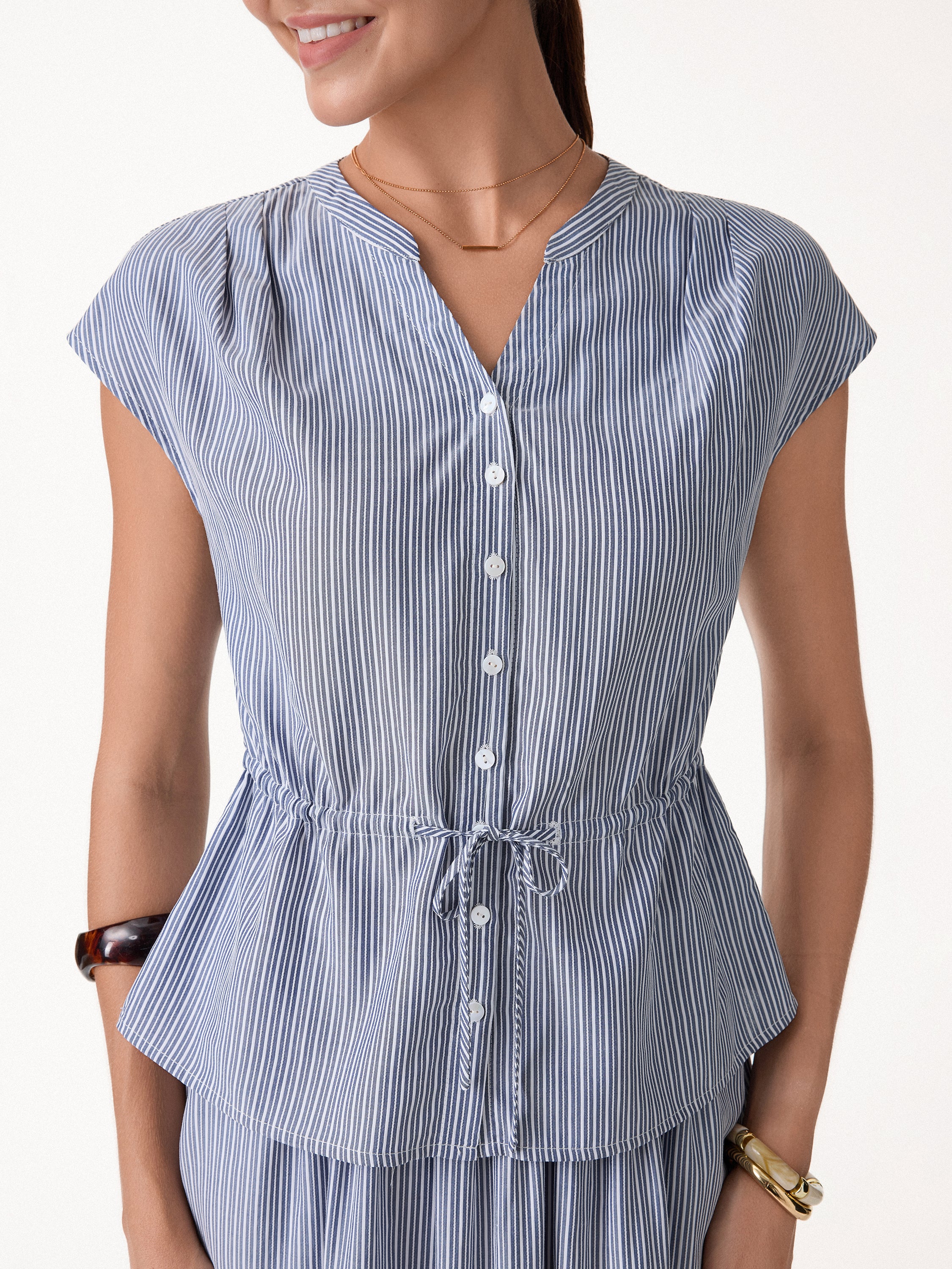 2Pcs Set Drawstring Waist Poplin Shirt & High Rise Midi Skirt with Pockets - Image 4