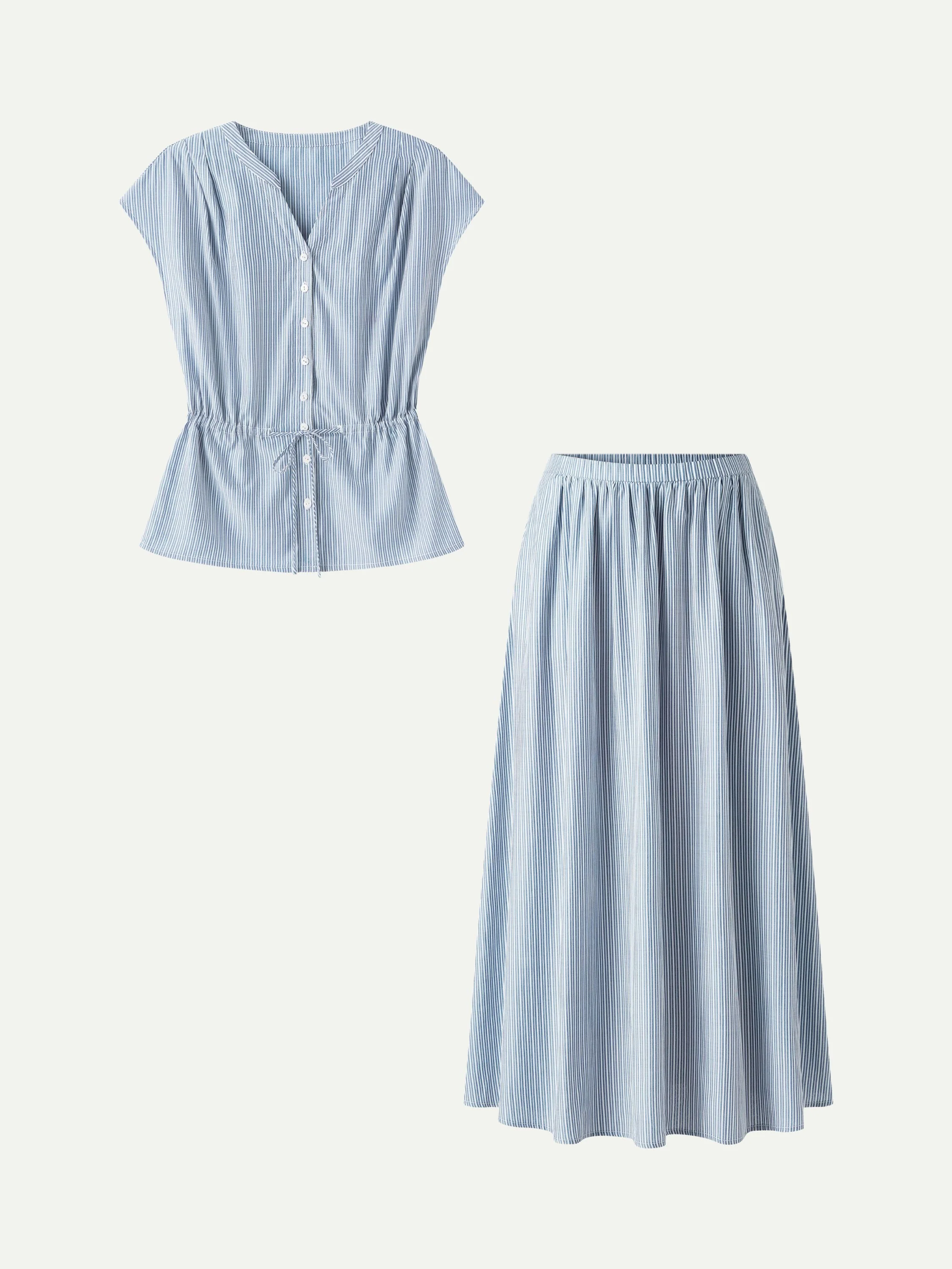 2Pcs Set Drawstring Waist Poplin Shirt & High Rise Midi Skirt with Pockets - Image 6