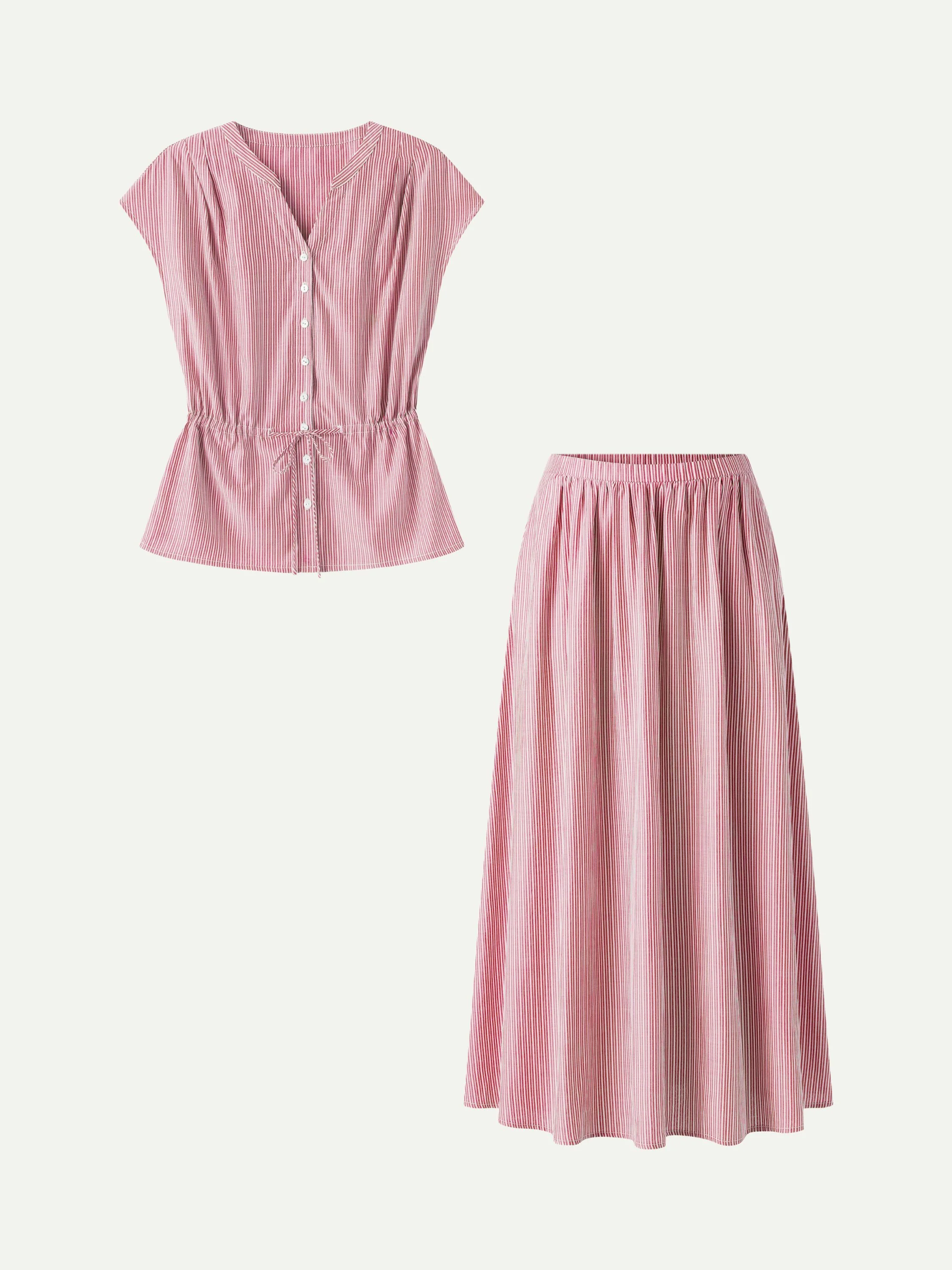 2Pcs Set Drawstring Waist Poplin Shirt & High Rise Midi Skirt with Pockets - Image 7