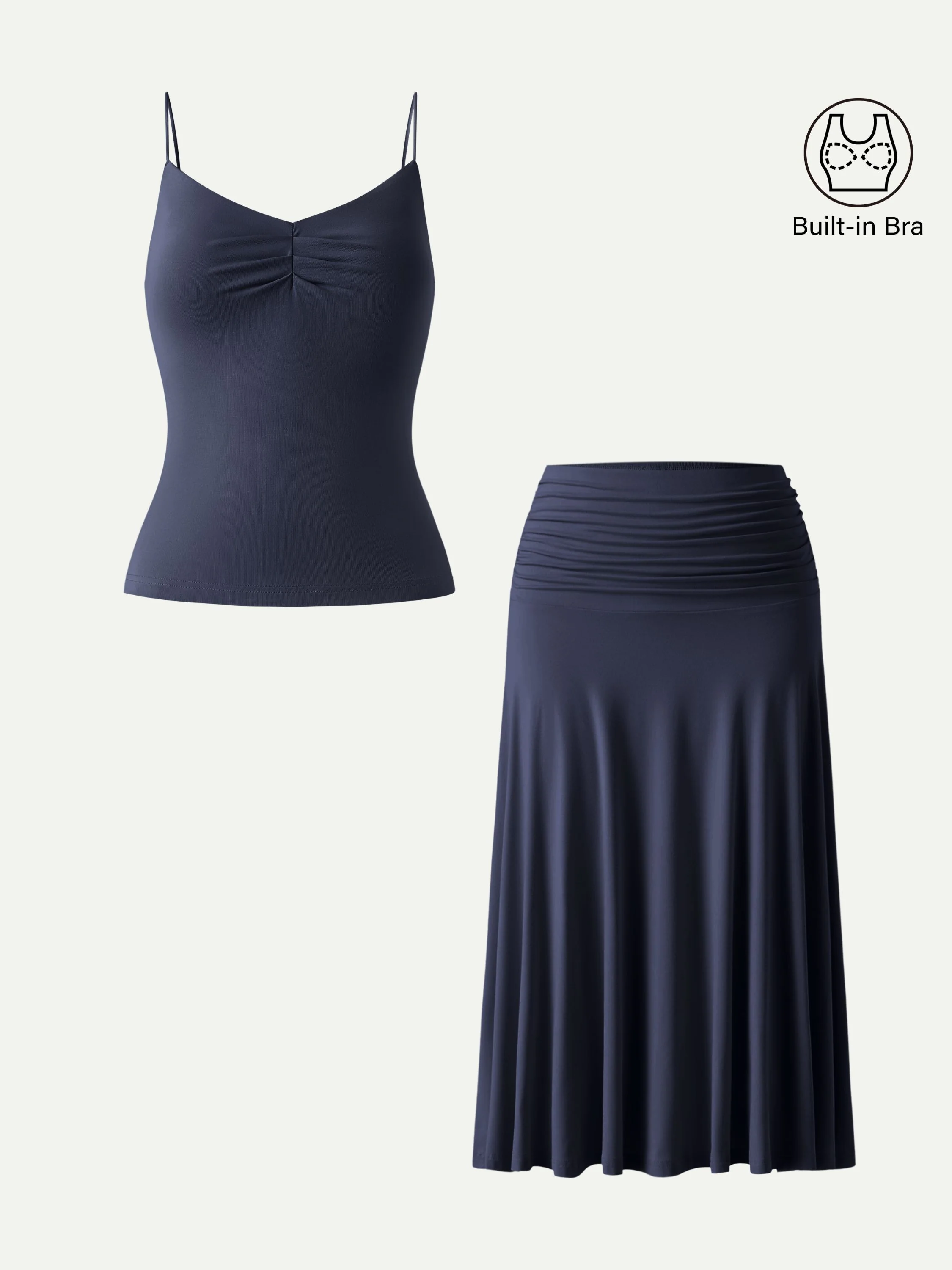 2Pcs Set Front Tucked Spaghetti Brami & A-line Midi Skirt - Image 2
