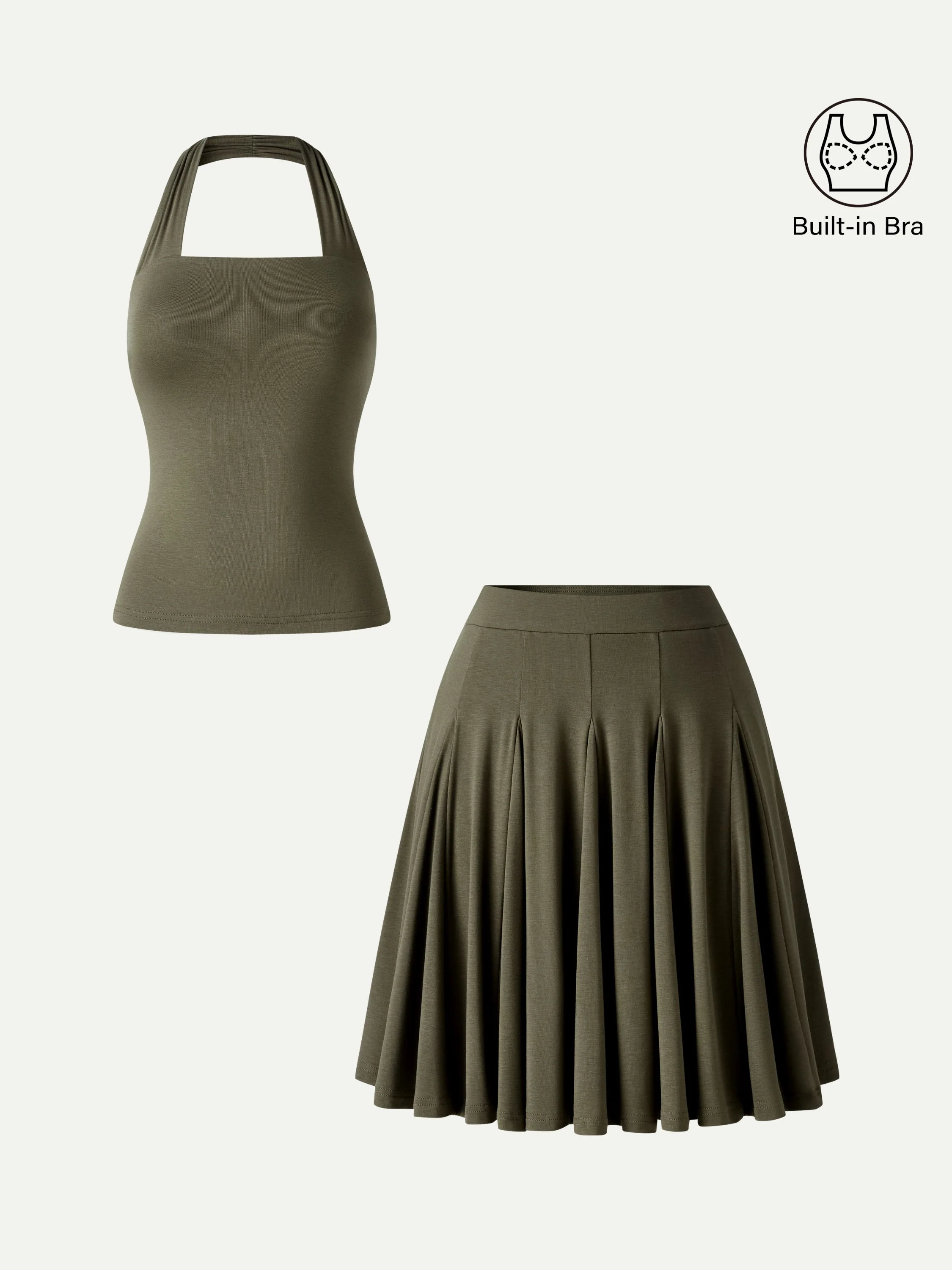 2Pcs Set Halter Going-Out Bra Top & Knee-Length Flare Skirt - Image 2