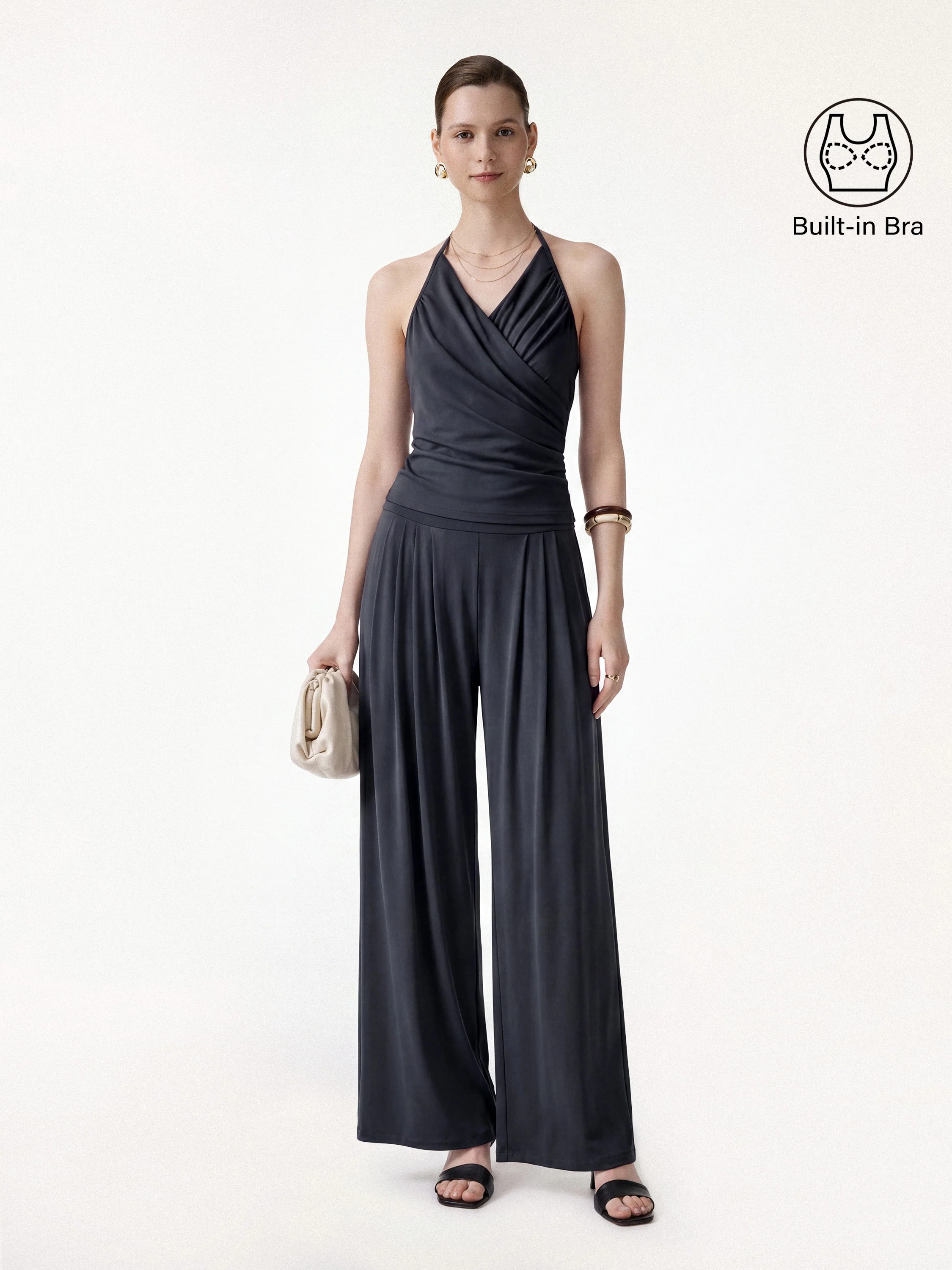 2Pcs Set Halter Neck Surplice Bra Top & Tucked Palazzo Pant with Pockets - Image 13