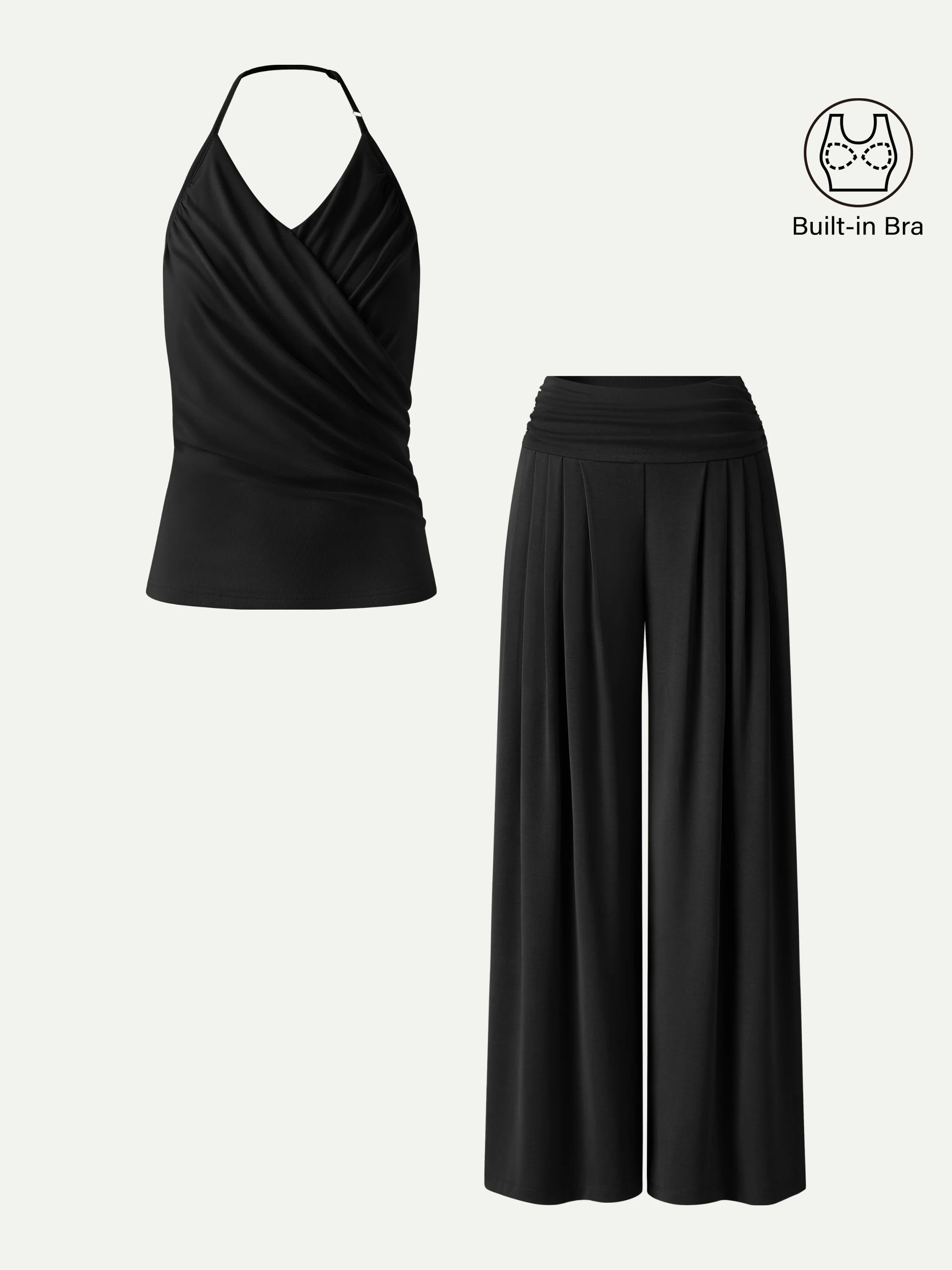 2Pcs Set Halter Neck Surplice Bra Top & Tucked Palazzo Pant with Pockets - Image 15