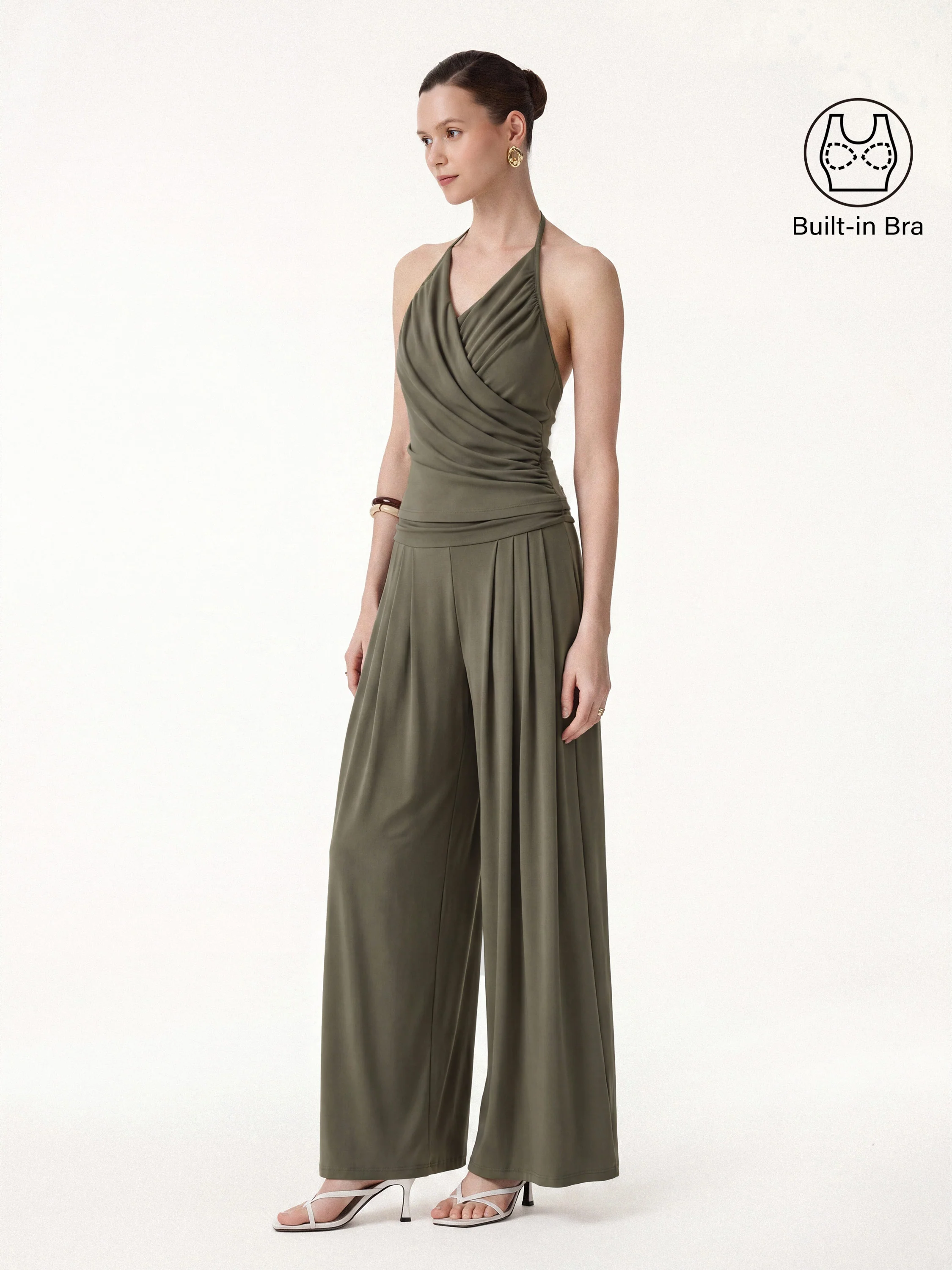 2Pcs Set Halter Neck Surplice Bra Top & Tucked Palazzo Pant with Pockets - Image 9