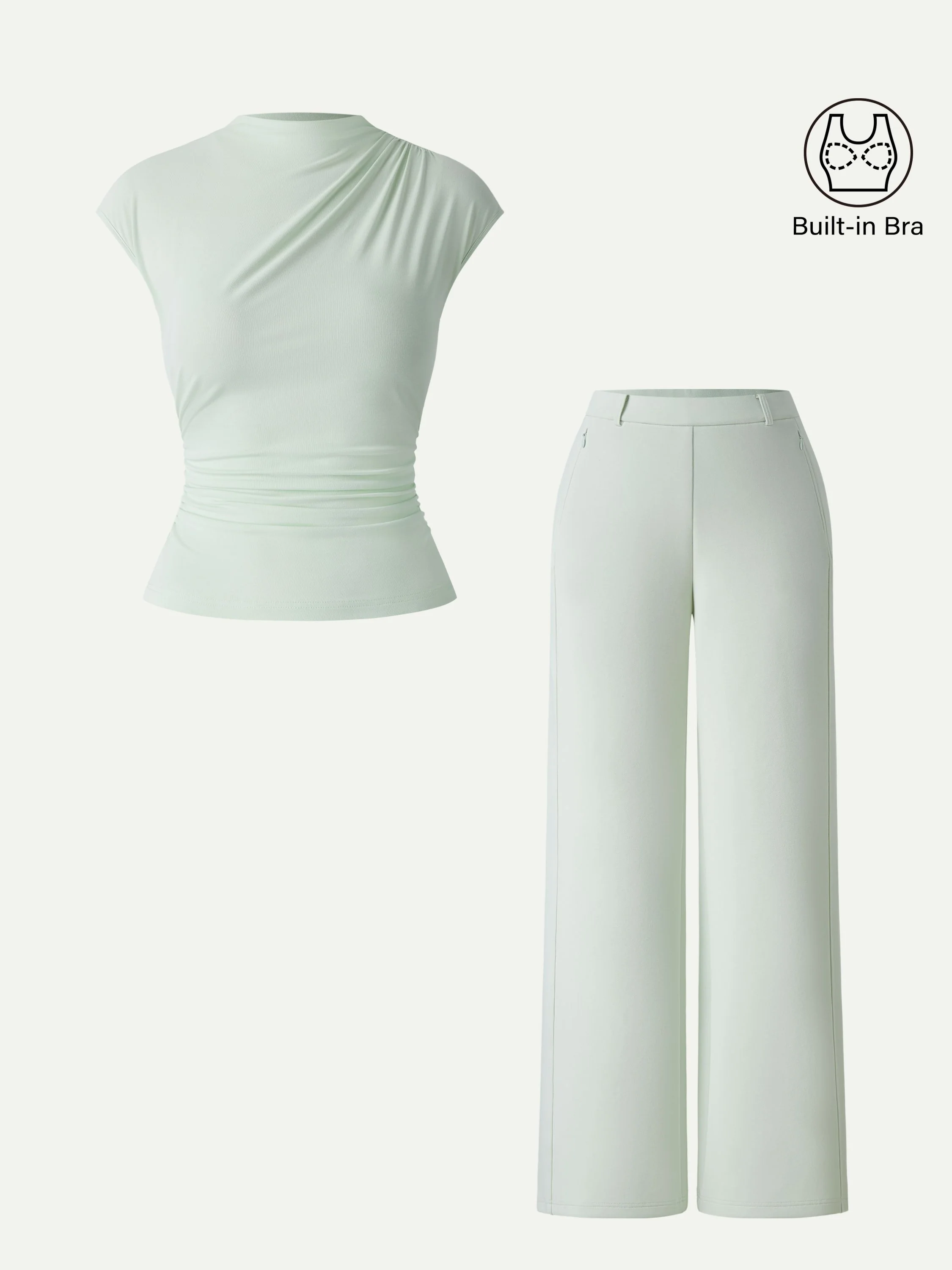 2Pcs Set Mockneck Cropped Bra Top & Slimming High Rise Wide Leg Pant - Image 2