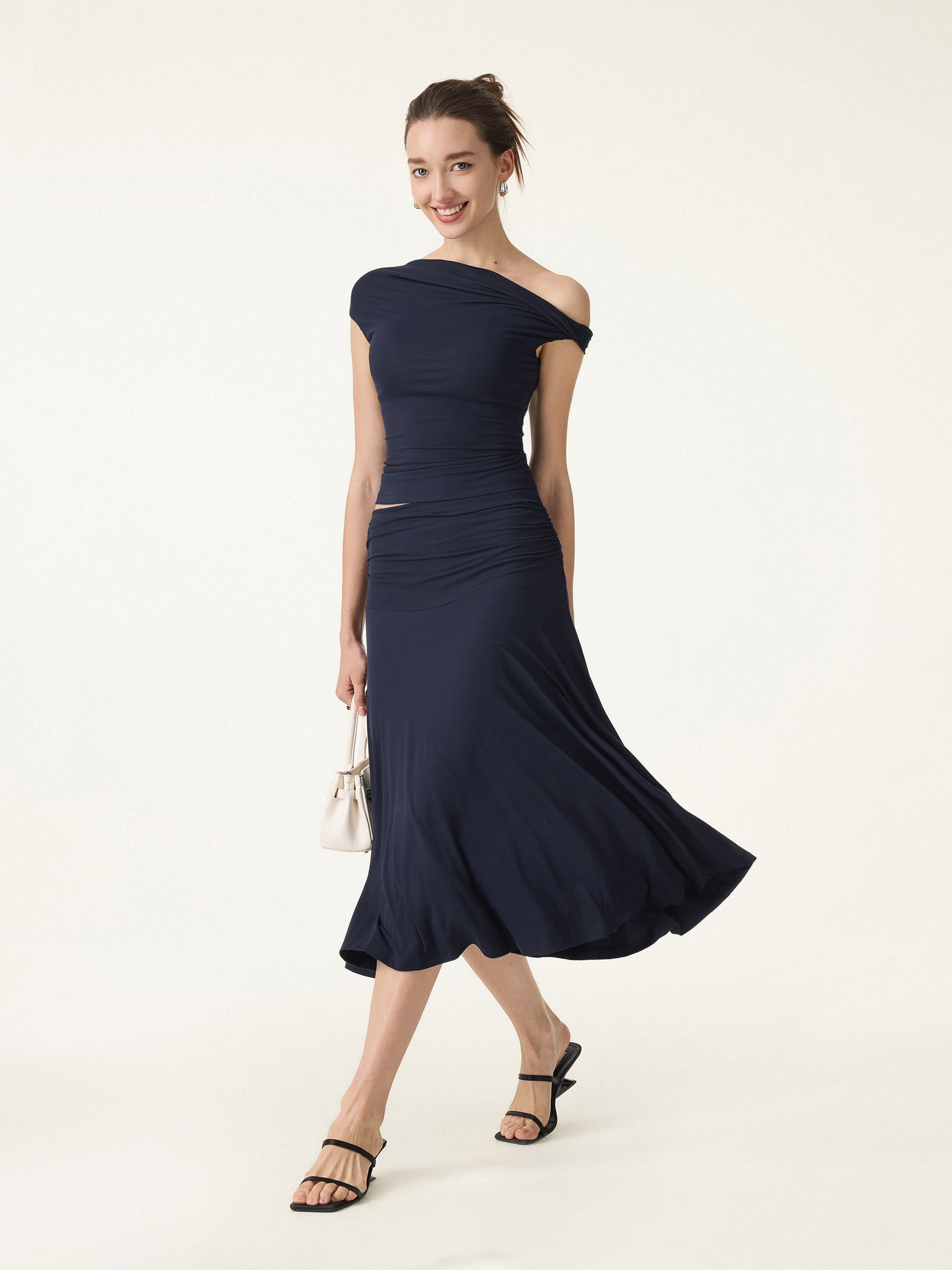 2Pcs Set Multi-wear Bra Top & Side Ruched A-line Midi Skirt - Image 11
