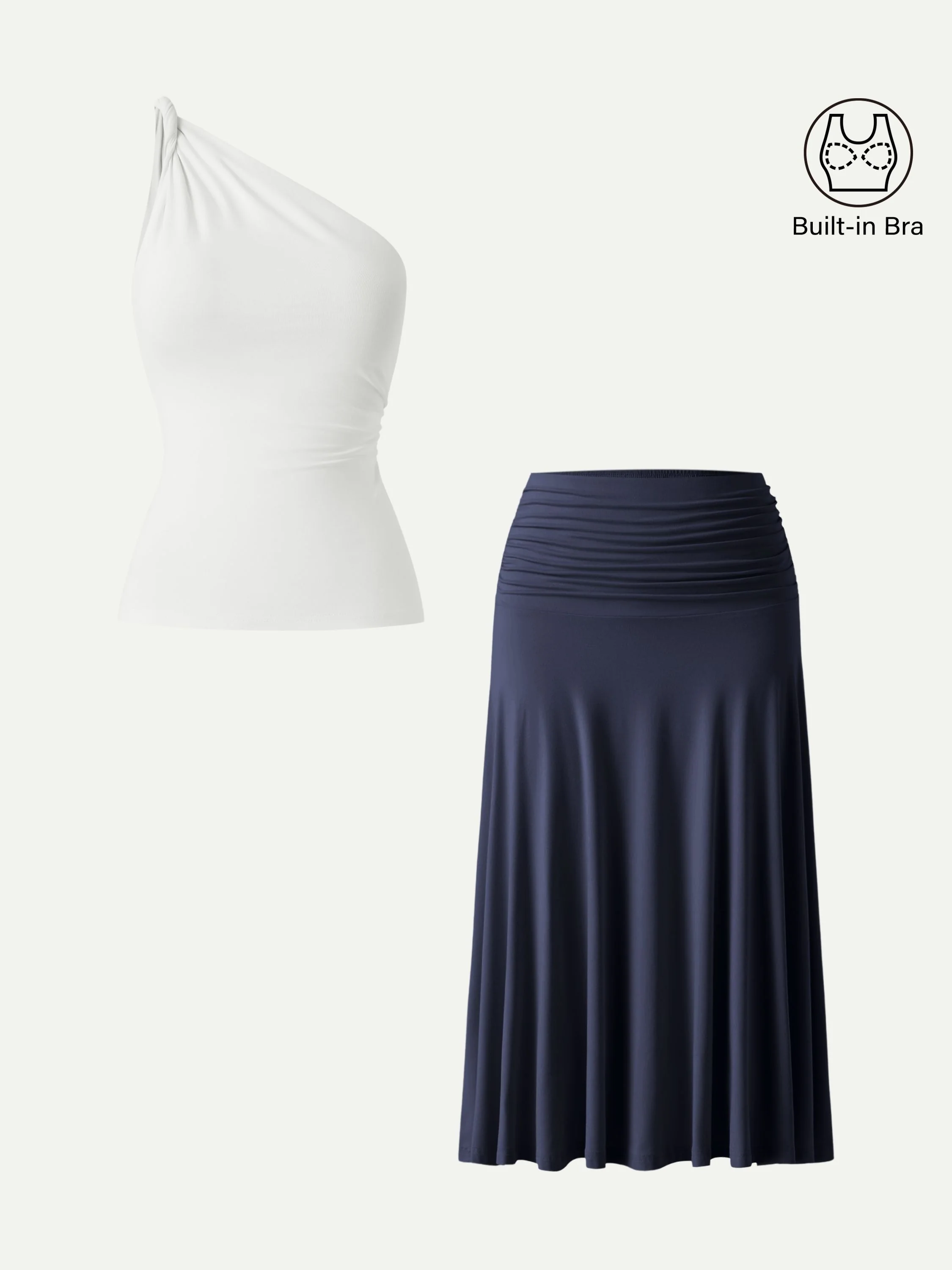 2Pcs Set One Shoulder Twisted Bra Tank & Side Ruched A-line Midi Skirt - Image 11