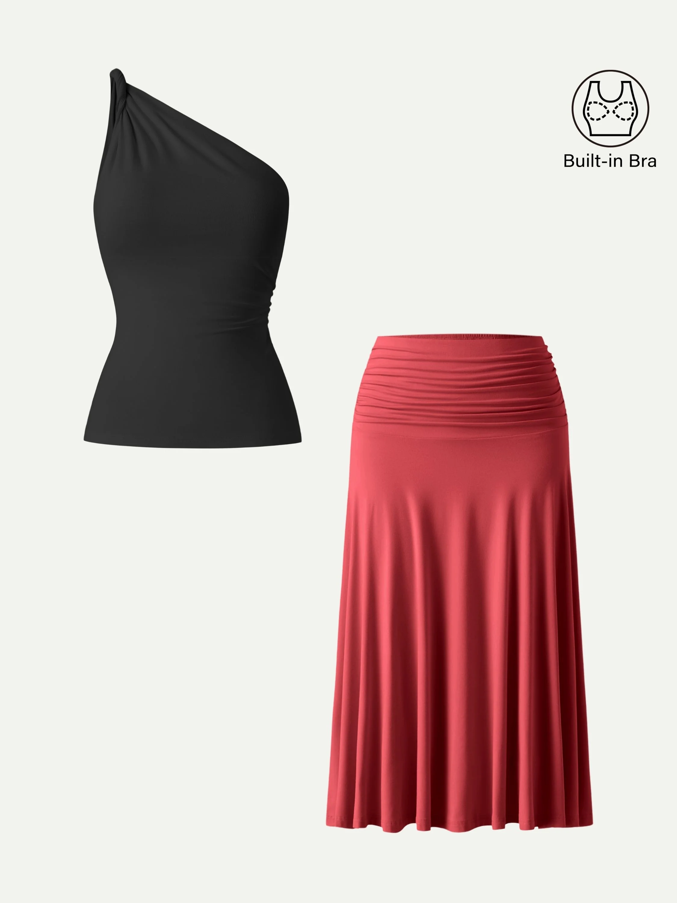 2Pcs Set One Shoulder Twisted Bra Tank & Side Ruched A-line Midi Skirt - Image 12