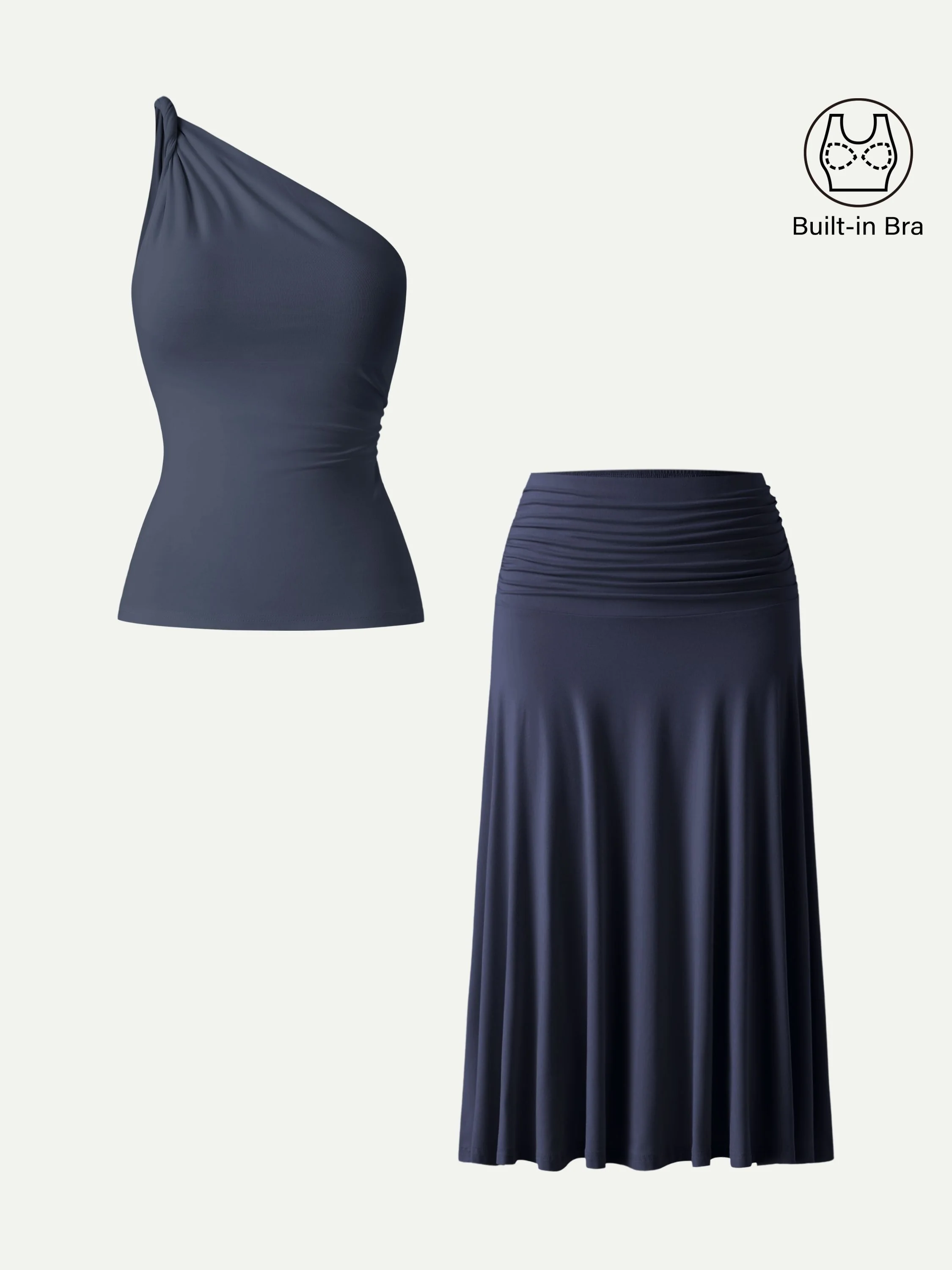 2Pcs Set One Shoulder Twisted Bra Tank & Side Ruched A-line Midi Skirt - Image 9