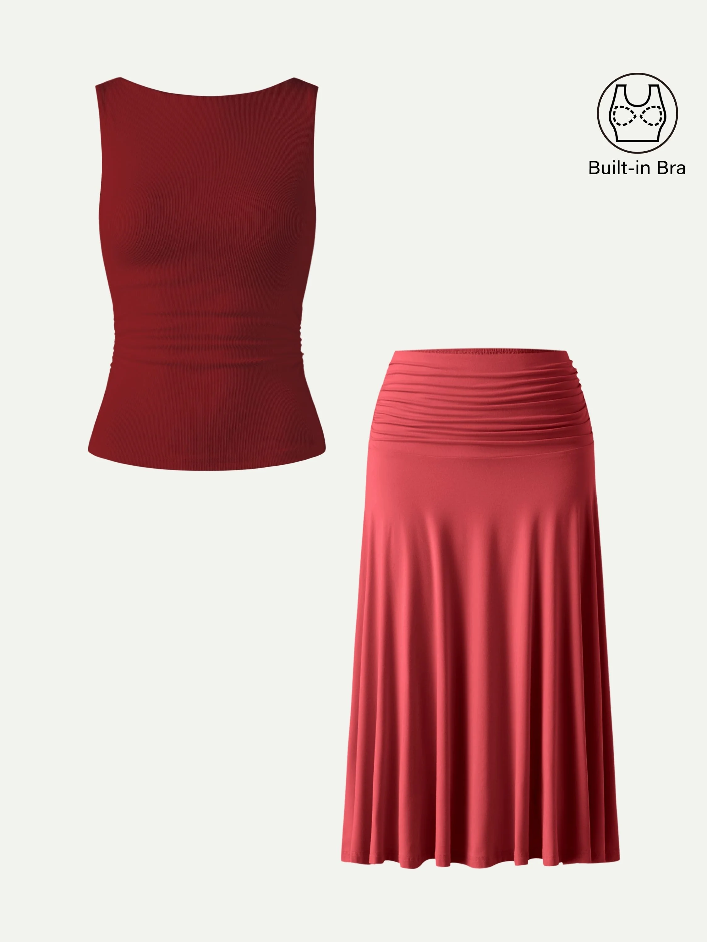 2Pcs Set Open Back Bra Tank & Side Ruched A-line Midi Skirt - Image 11