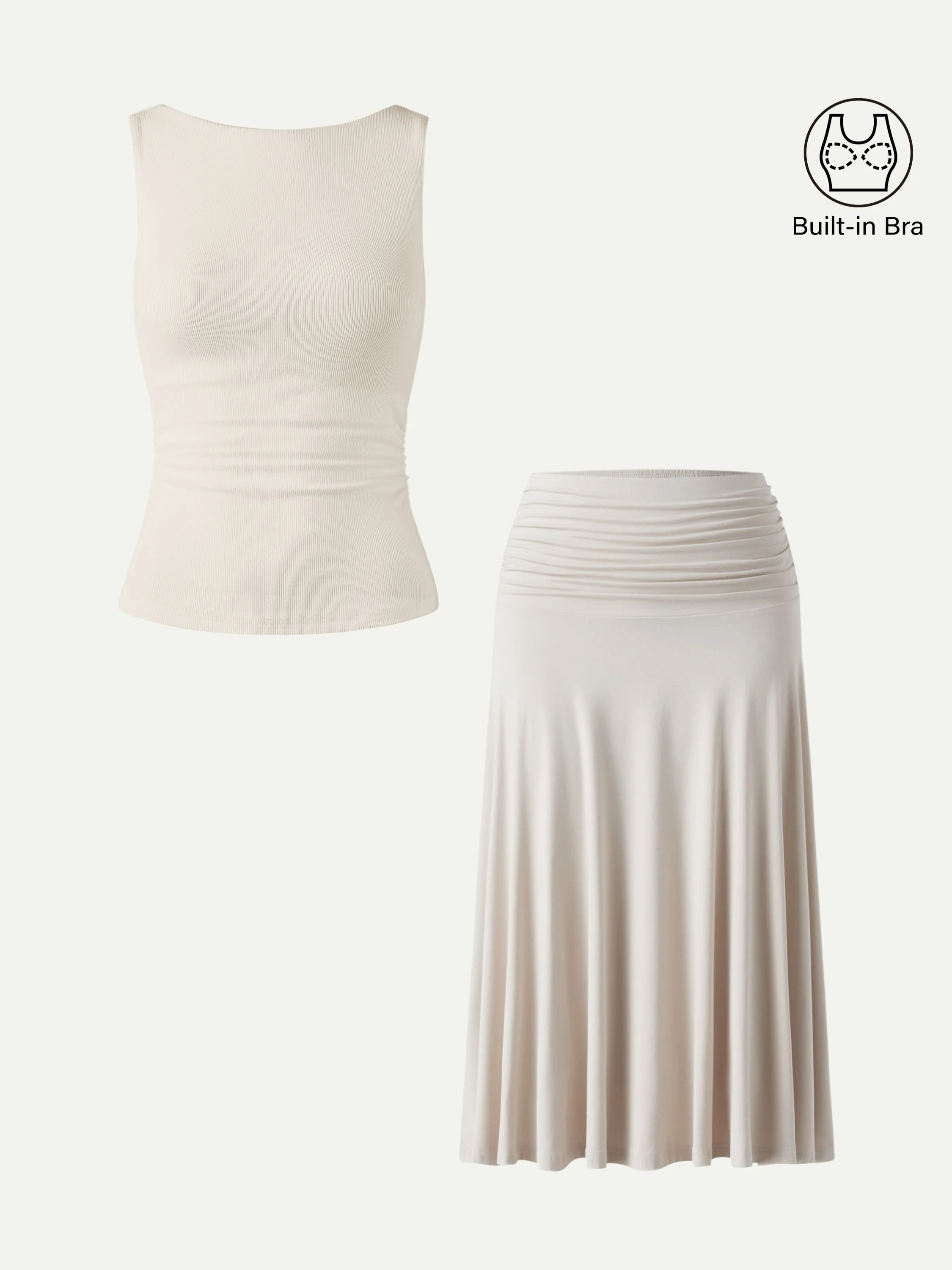 2Pcs Set Open Back Bra Tank & Side Ruched A-line Midi Skirt - Image 2
