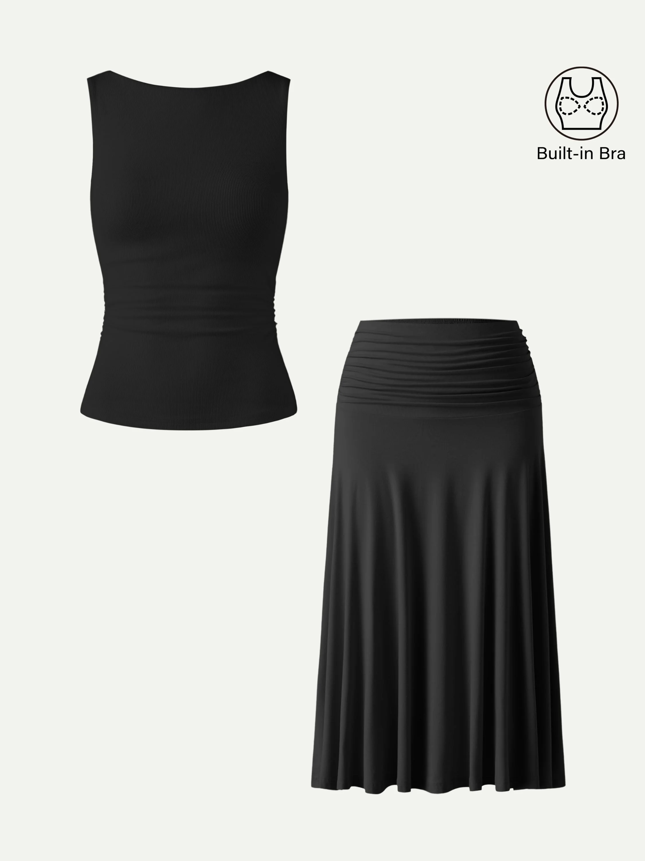 2Pcs Set Open Back Bra Tank & Side Ruched A-line Midi Skirt - Image 7