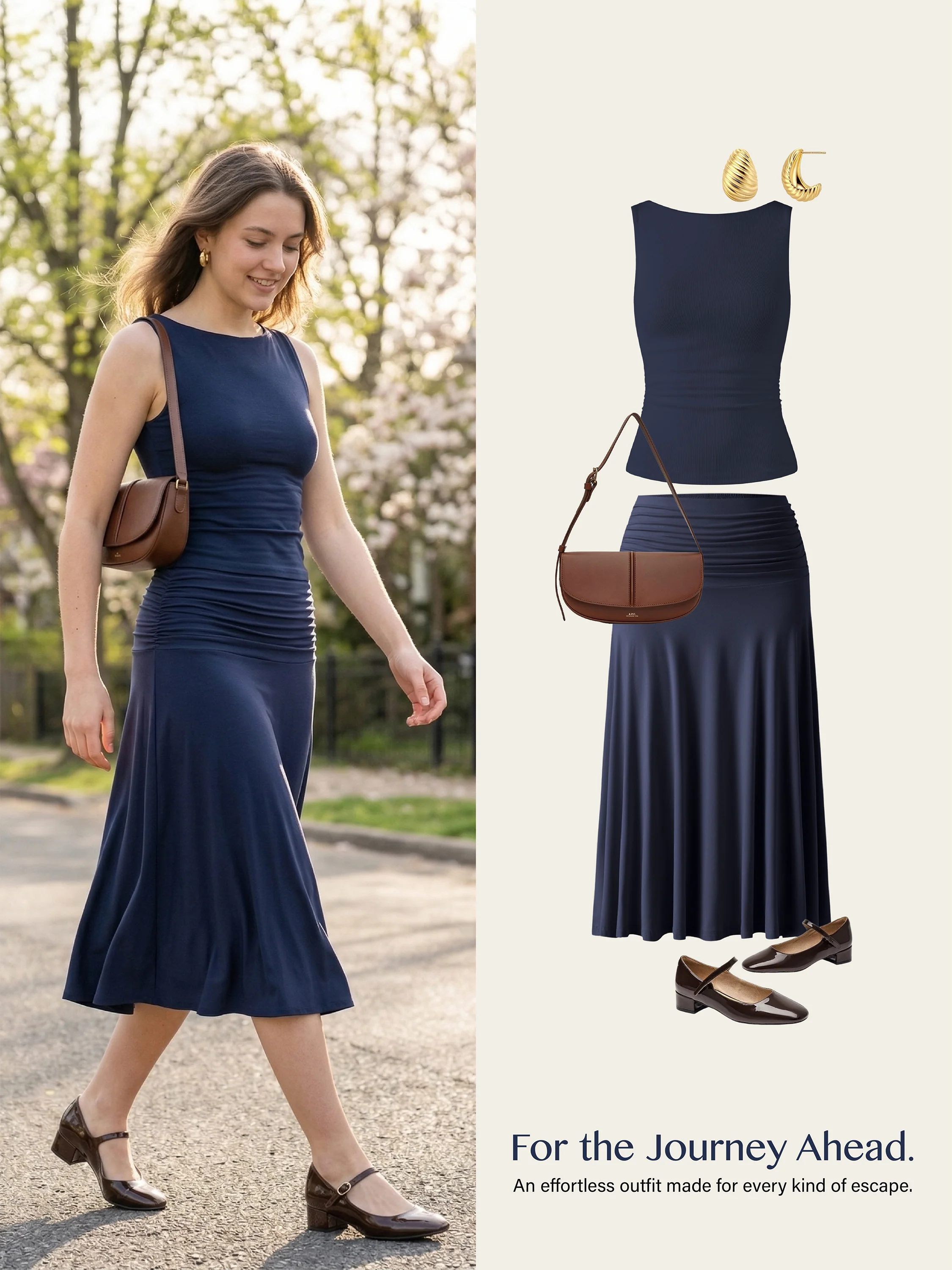 2Pcs Set Open Back Bra Tank & Side Ruched A-line Midi Skirt - Image 8