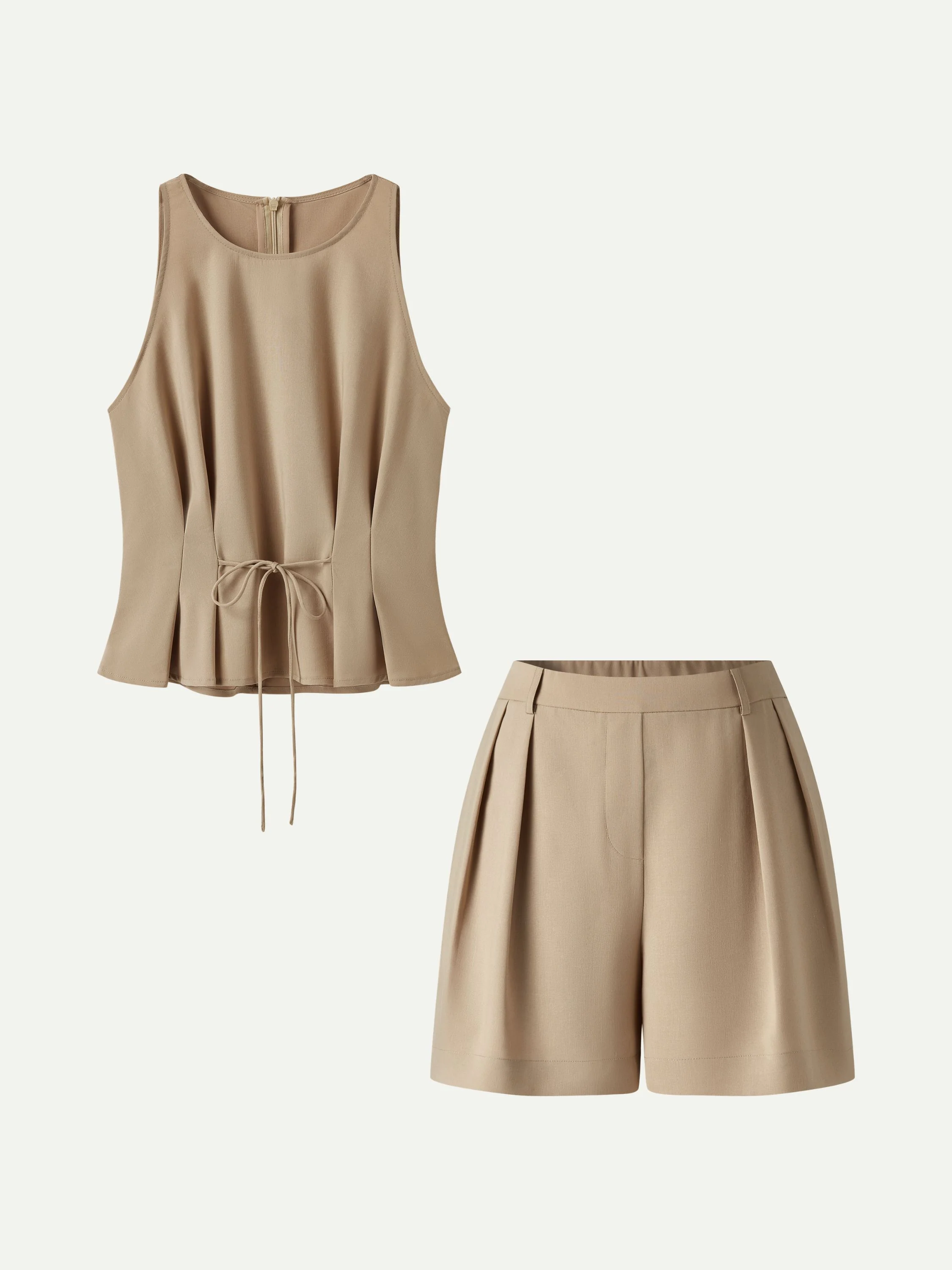 2Pcs Set Pleated Self-Tie Top & Tailored Shorts with Pockets - Image 2