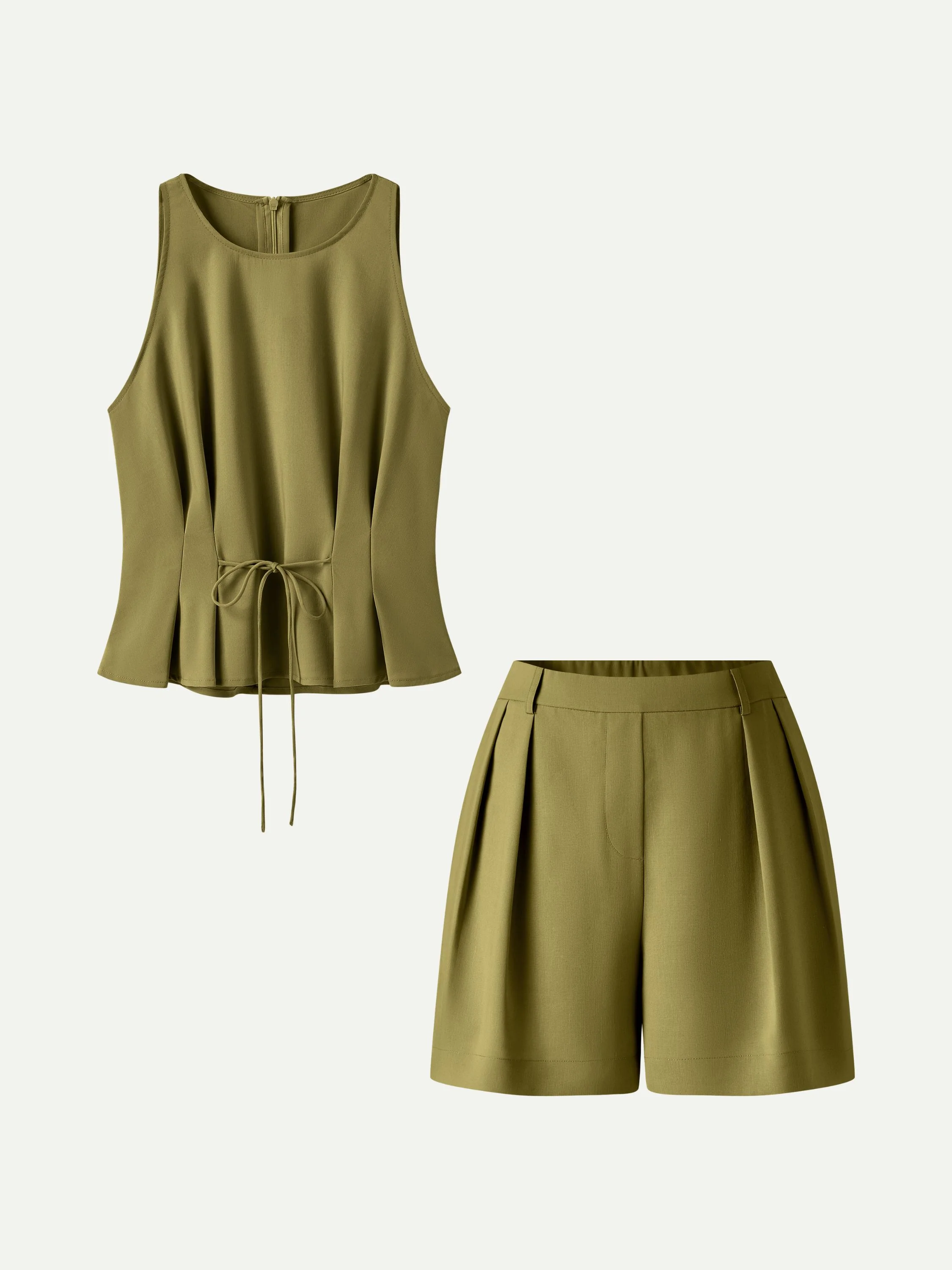 2Pcs Set Pleated Self-Tie Top & Tailored Shorts with Pockets - Image 7