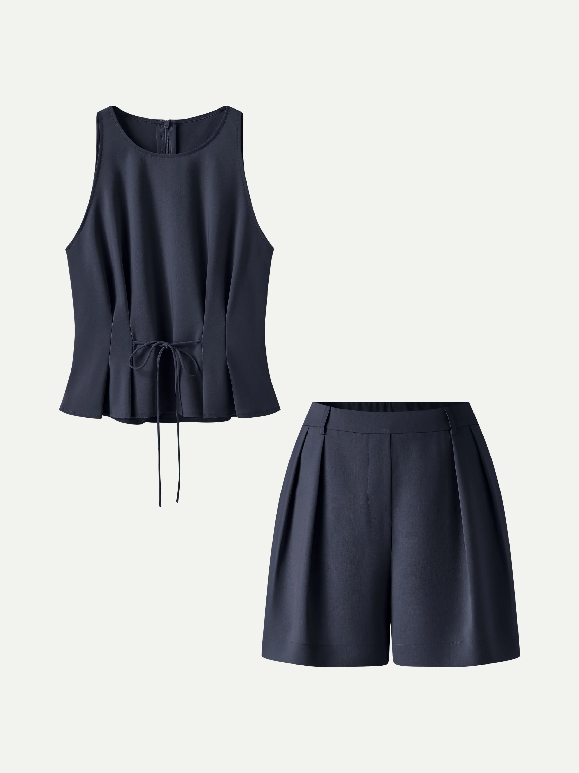 2Pcs Set Pleated Self-Tie Top & Tailored Shorts with Pockets - Image 9