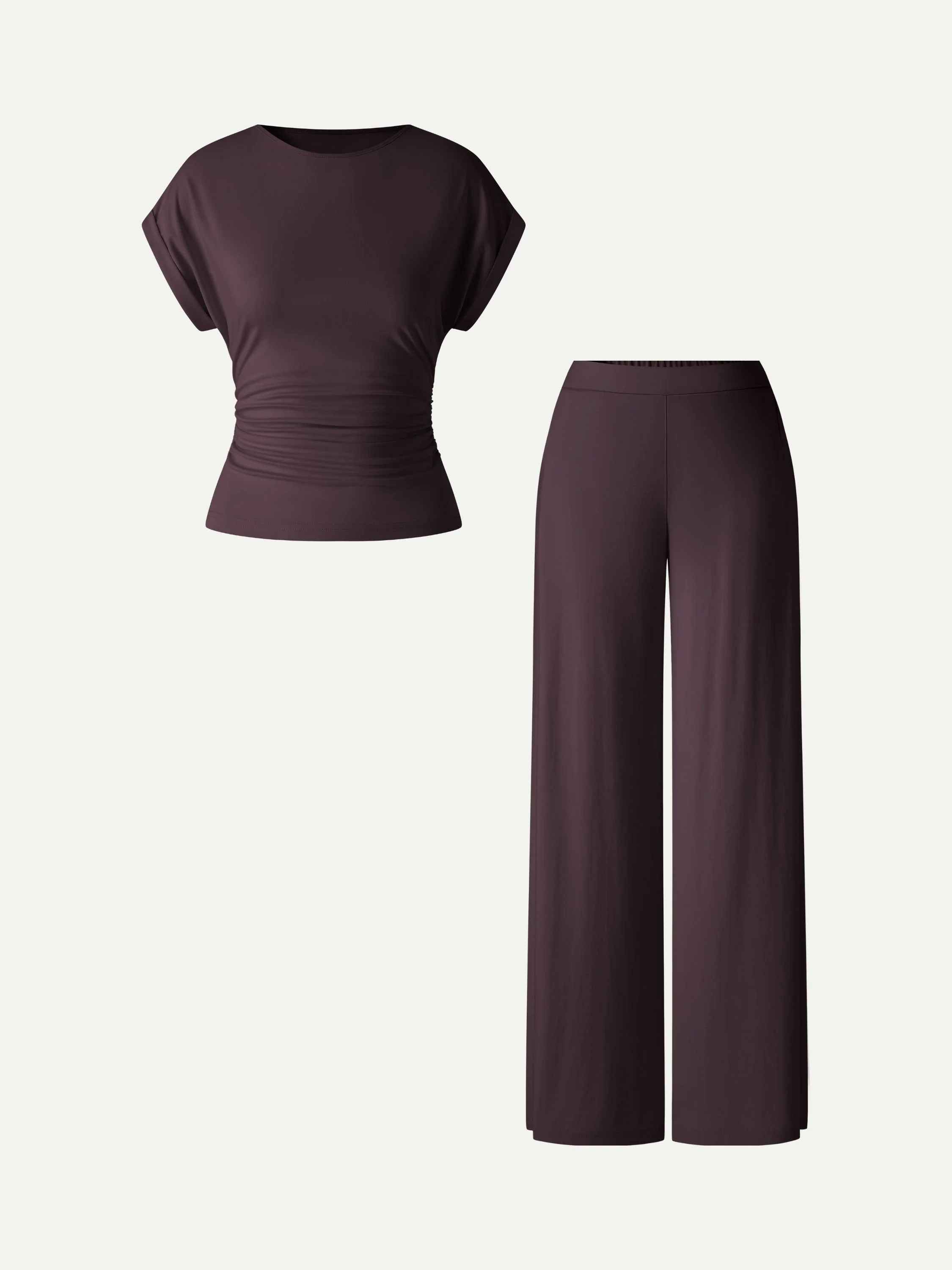 2Pcs Set Round Neck Ruched Tee & Mid Rise Wide Leg Pants - Image 7