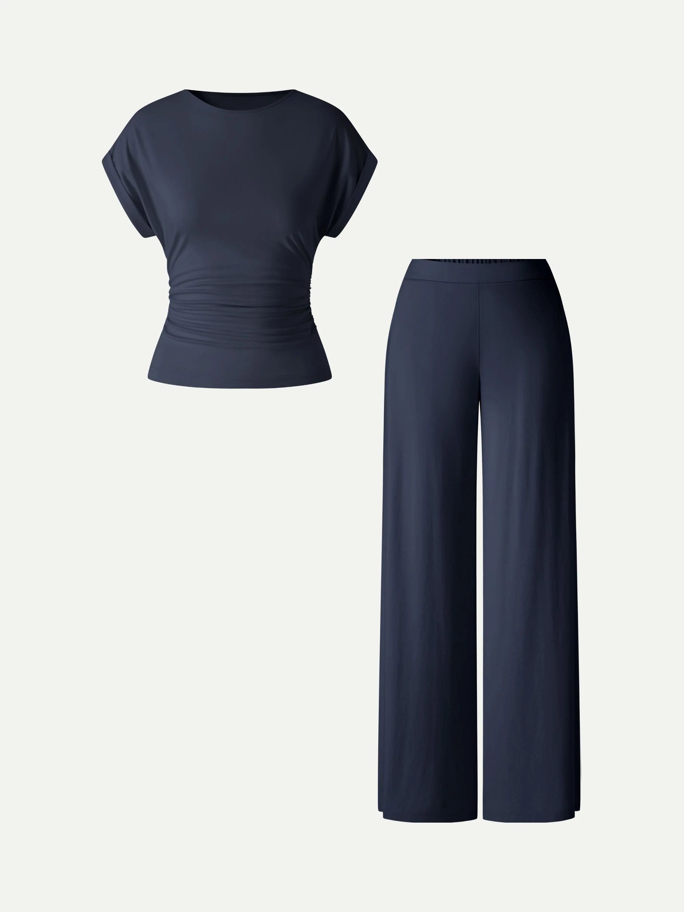 2Pcs Set Round Neck Ruched Tee & Mid Rise Wide Leg Pants - Image 9