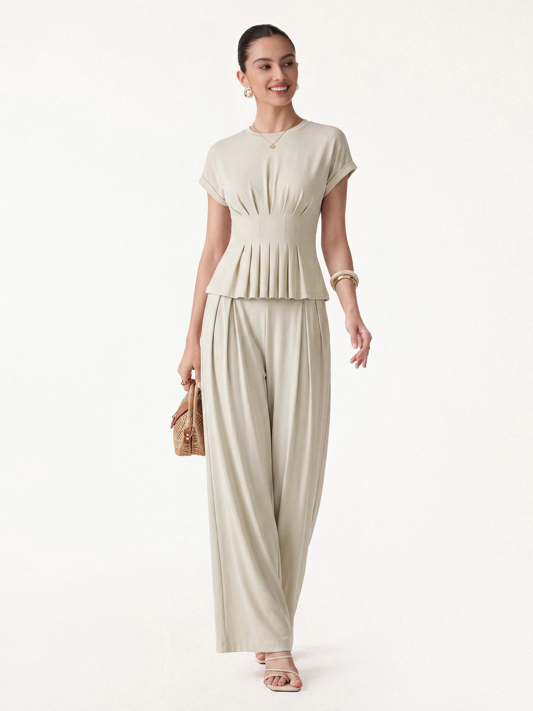 2Pcs Set Round Neck Short Sleeve Tee & Wide Leg Pants with Pockets