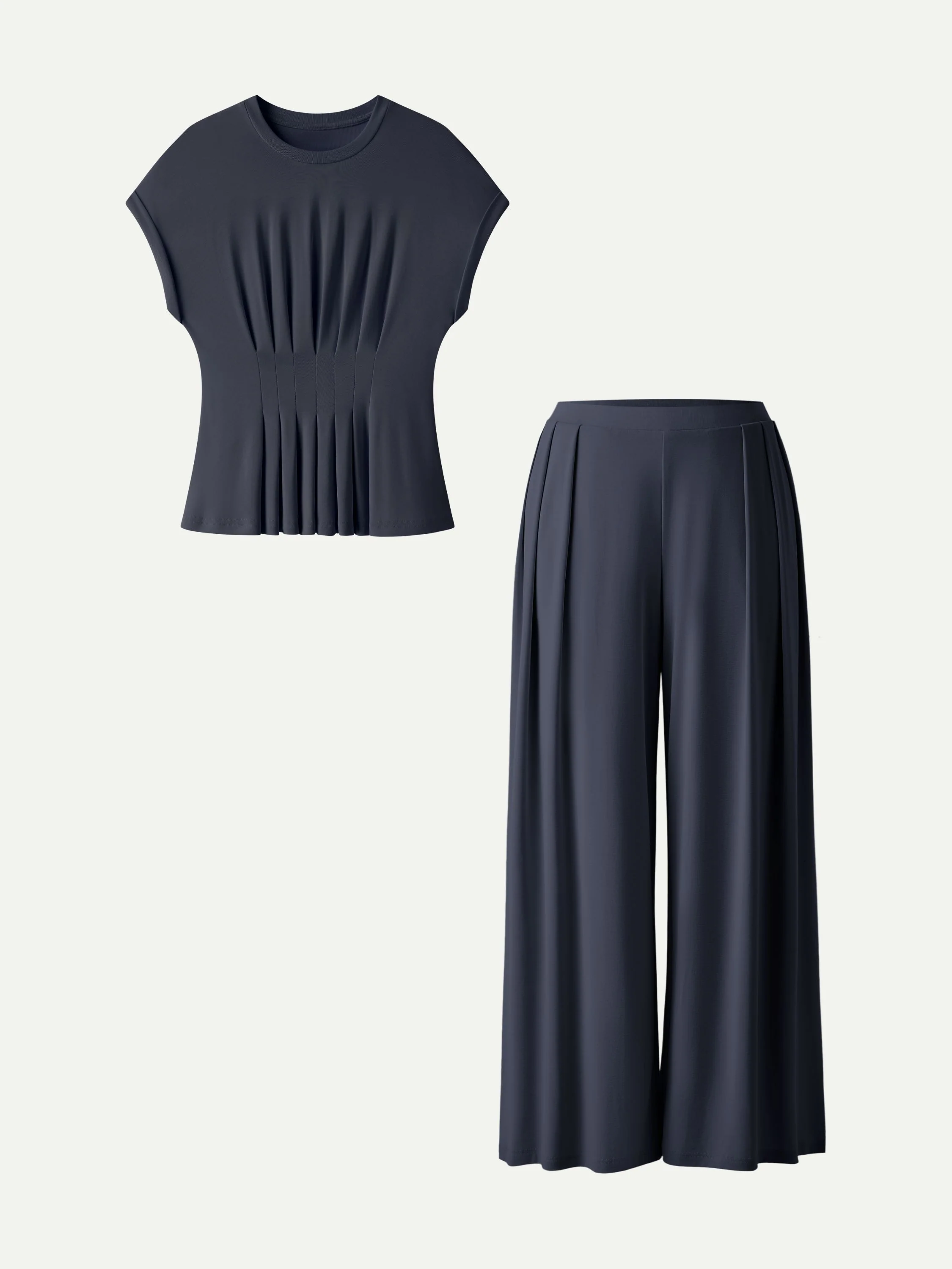 2Pcs Set Round Neck Short Sleeve Tee & Wide Leg Pants with Pockets - Image 7
