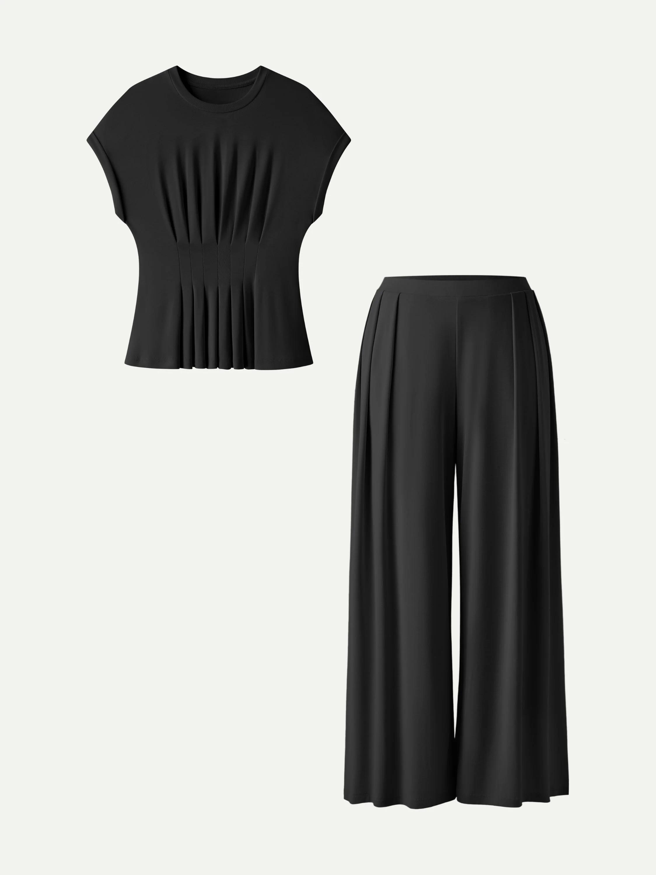 2Pcs Set Round Neck Short Sleeve Tee & Wide Leg Pants with Pockets - Image 8