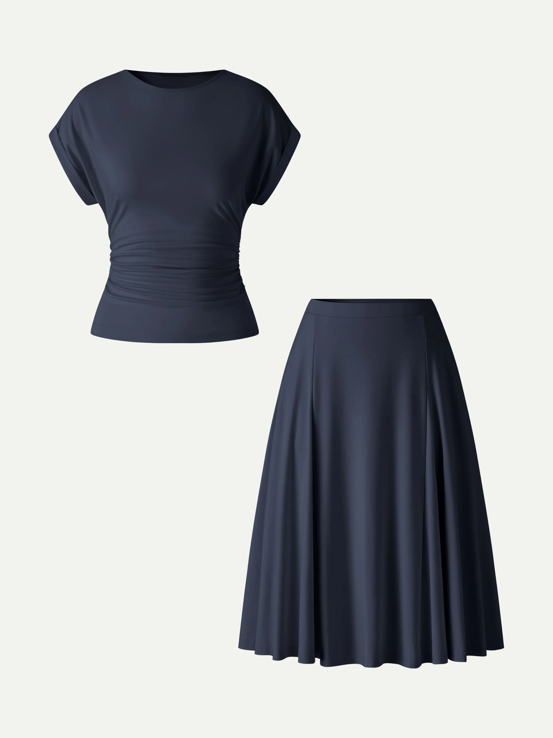 2Pcs Set Round Neck Tee & Midi Skirt with Pockets - Image 11