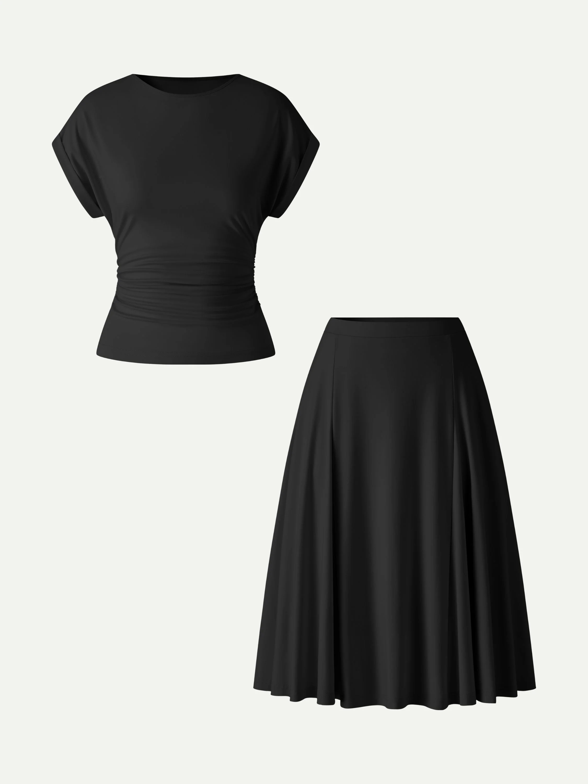 2Pcs Set Round Neck Tee & Midi Skirt with Pockets - Image 12