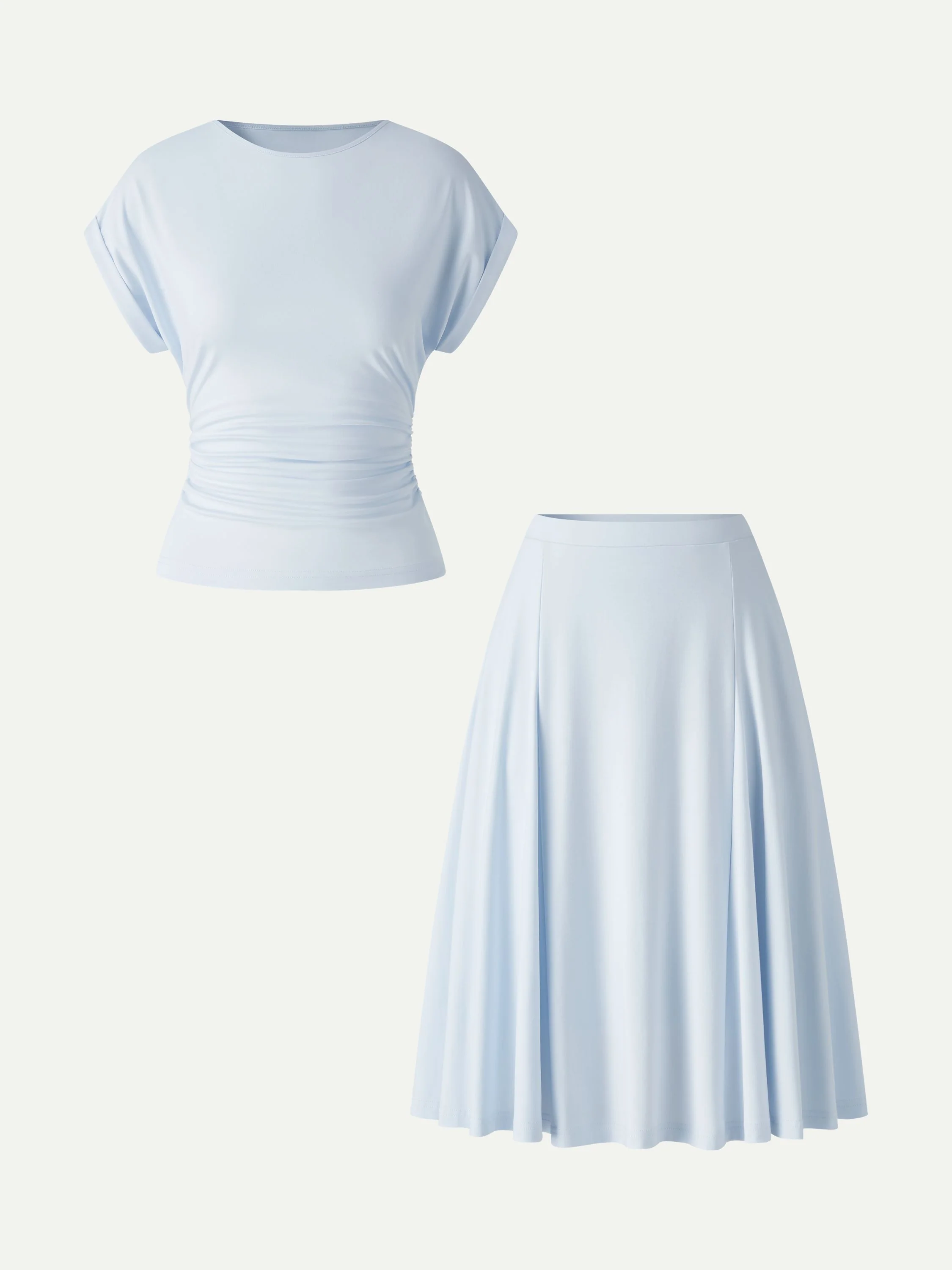 2Pcs Set Round Neck Tee & Midi Skirt with Pockets - Image 2