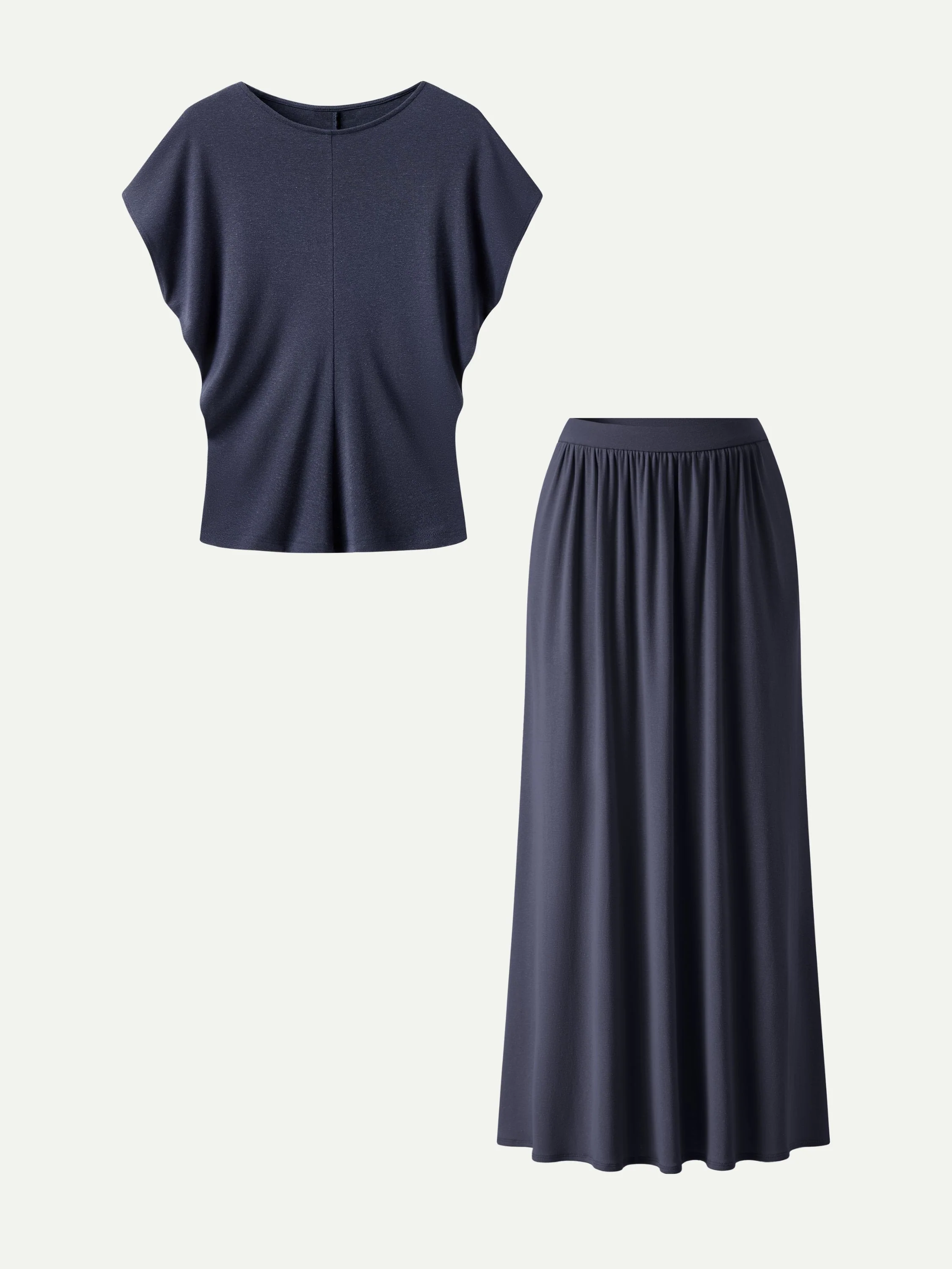 2Pcs Set Round Neck Top & A-Line Maxi Skirt with Pockets - Image 2